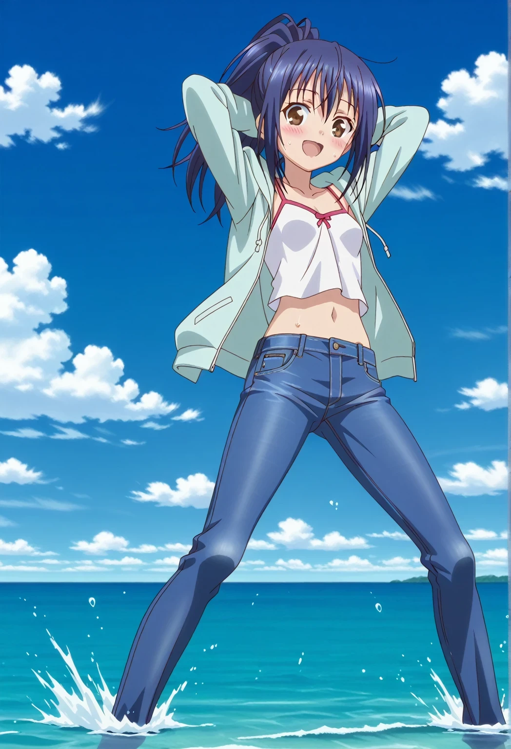 score_9, score_8_up, score_7_up, source_anime, highres, hi res, ((best quality, top quality, perfect quality, Highest Quality, amazing quality)), {{masterpiece}}, {{an extremely delicate and beautiful}}, 2d, intricate details, official style, anime, 8k, anime style, official_anime, official art, digital painting, cell shading, soft shading, high resolution, soothing tones, Subdued Color, Soft cinematic light, adobe lightroom, photolab, HDR, intricately and hyper-detailed, ((high quality animation)), 1 girl, Alone, solo, ((ocean)), tsunami, on the water, day, sunny, outdoors, sky, windy, mana takamiya, long hair, ponytail, hair between eyes, brown eyes, blue hair, sidelocks, anime screencap, small breasts, light blue green hoodie, open hoodie, white camisole top, crop top, white crop top, best quality, hyper-detailed jeans, ((blue jeans:1.9)), (dark blue jeans:0.6), full medium body, medium shot, Open mouth, smiling, happy face, blush, sweat, standing, ((arms behind head:6.0)), bowlegged, sliding pose, action, looking at viewer, spread legs, Bend knees slightly, straight-on front view