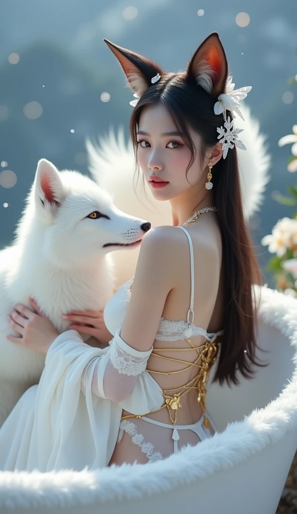 masterpiece、Highest quality、High resolution、Realistic、High resolution、RAW Photos、solo、White Fox Incarnation、(With the shrine's torii gate in the background、There are about 50 pink flowers on the tree.。, cherry blossomsの花s in the wind, background cherry blossoms, background cherry blossoms, cherry blossomsの花, cherry blossomsの花s, cherry blossomsの花 tree, cherry blossomsの花 falling, cherry blossoms, cherry blossoms, cherry blossomsの花 trees, cherry blossomsが咲く, cherry blossomsの花 rain everywhere)、((One girl, cherry blossomsの木の下に立つ若い女性の後ろ姿, ponytail, Shiny skin, Realistic skin texture, she is wearing a white dress, Correct hands and fingers, smile)), ((Long sleeve, Long skirt, See-through dress, hair accessory:1.3))、