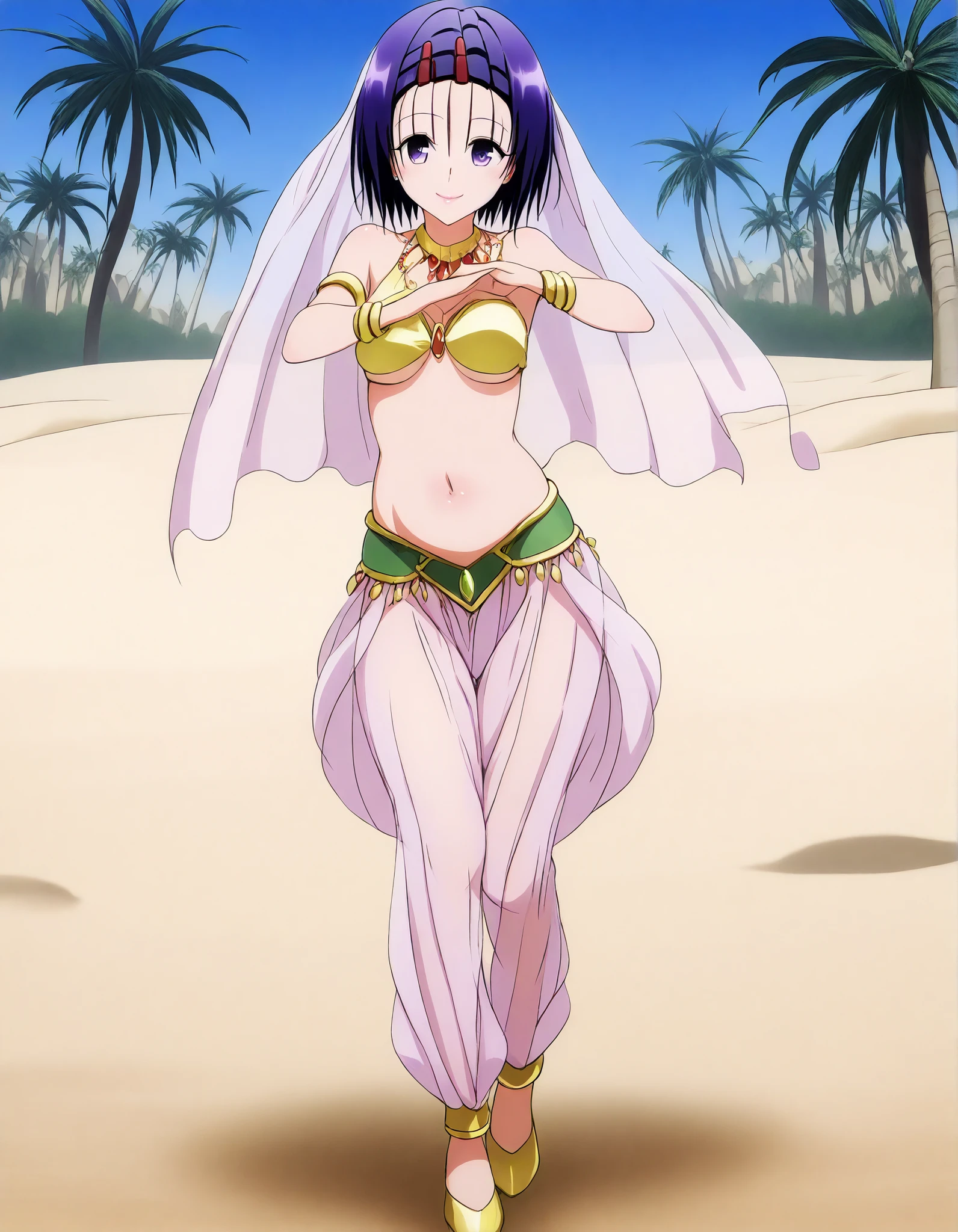 (1girl:1 . 5) , (Seul:1 . 5) , score_9 , score_8_haut , score_7_haut , source_anime , Official work  , ultra-detailed , masterpiece , best quality , high resolution , beaux yeux , detailed eyes , Detailed face , beautiful detailed eyes,hair ornament, hairclip, purple eyes, purple hair, short hair, To Love Ru,Haruna Sairenji,Arabian Clothes , Arabian Dancer ,belly dancer costume,belly dancer outfit ,full body,golden jewelery,armlet, belly dancing,desert lands,palm tree,seductive smile, dancing with veil, dynamic movement,dance posture, seductive pose