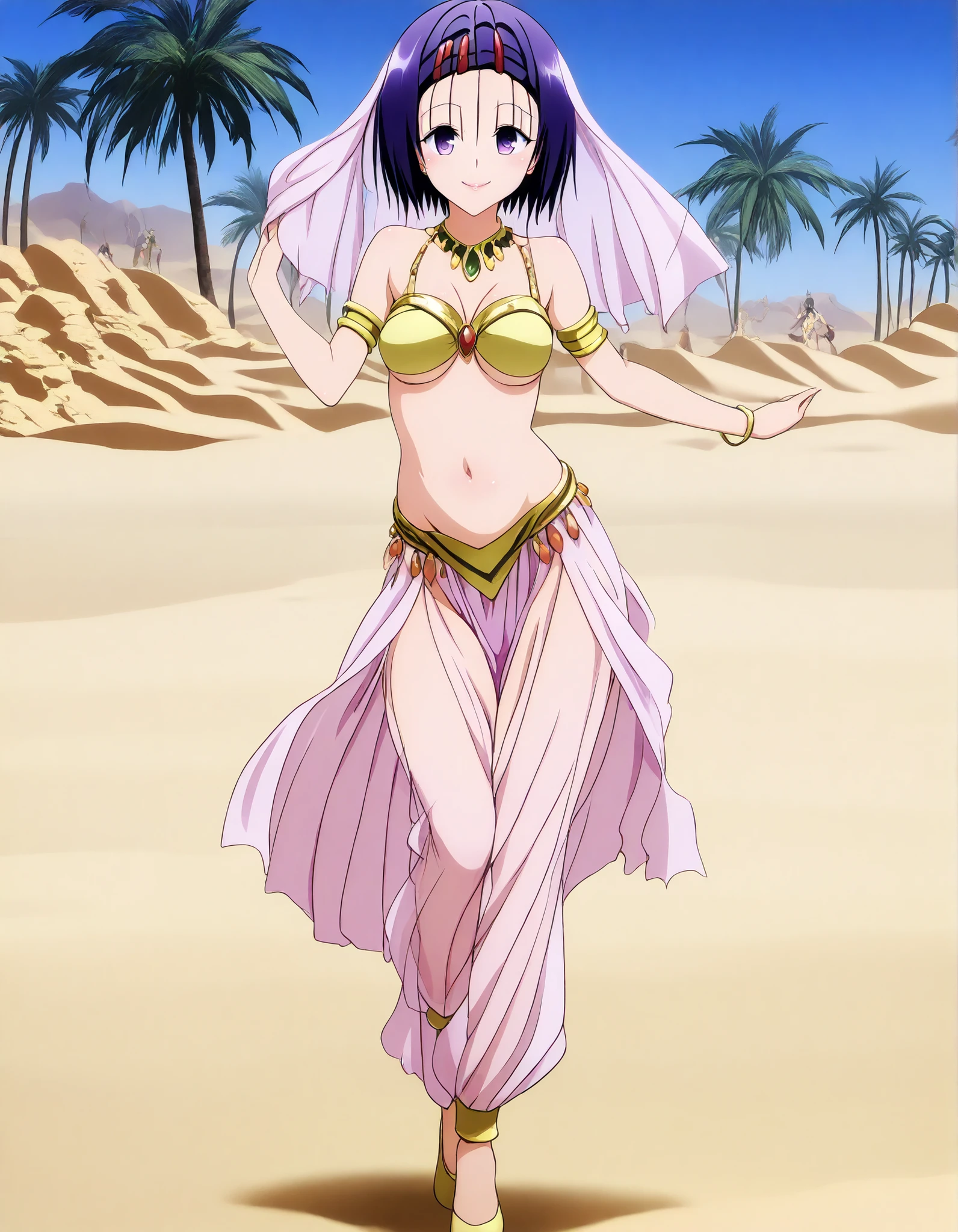 (1girl:1 . 5) , (Seul:1 . 5) , score_9 , score_8_haut , score_7_haut , source_anime , Official work  , ultra-detailed , masterpiece , best quality , high resolution , beaux yeux , detailed eyes , Detailed face , beautiful detailed eyes,hair ornament, hairclip, purple eyes, purple hair, short hair, To Love Ru,Haruna Sairenji,Arabian Clothes , Arabian Dancer ,belly dancer costume,belly dancer outfit ,full body,golden jewelery,armlet, belly dancing,desert lands,palm tree,seductive smile, dancing with veil, dynamic movement,dance posture, seductive pose