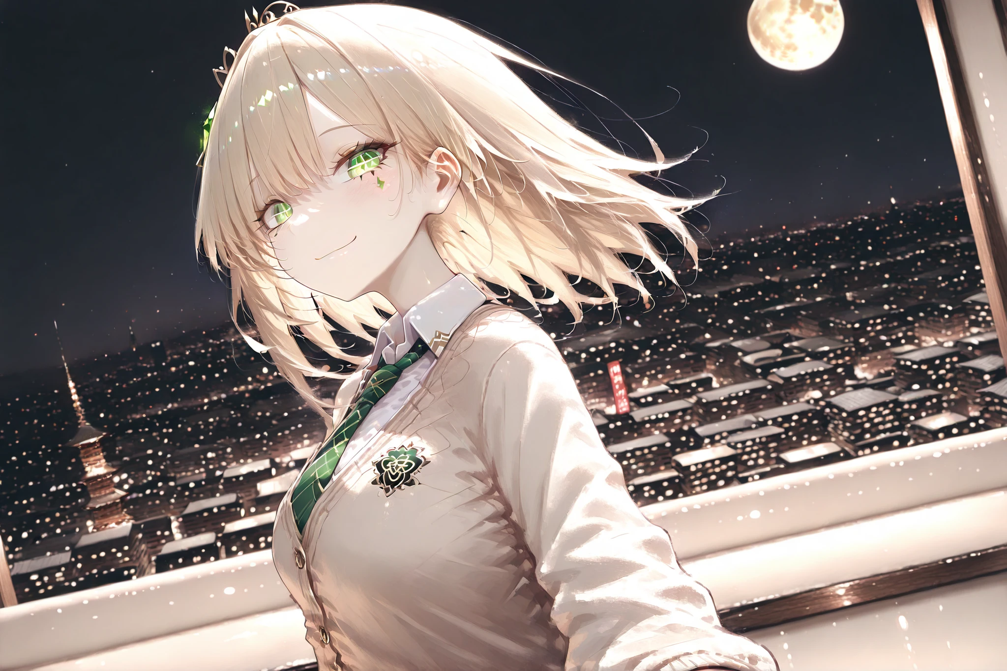 (masterpiece, detailed:1.2), highest quality, Ultra High Quality, k, Beautiful and delicate anthropomorphic girl, light gold hair, beautiful eyes, perfect eyes, cute face, cute green eyes, thin, 20 yo, ((best smile)), 1girl, blonde medium hair, light green eyes, small breasts, school cardigan uniform, beige cardigan, green tie, ((tilt side head)), BREAK. ((Close-up face)), ((side view)), sharp focus, Japanese garden background, shallow depth of field, refreshing atmosphere background, beautiful natural lighting, moon light, night atmosphere, perspective, (detailed lighting), ((dark lighting)), rim lighting, ((sharp focus)), beautiful moonlightning, ((city)), looking viewer,