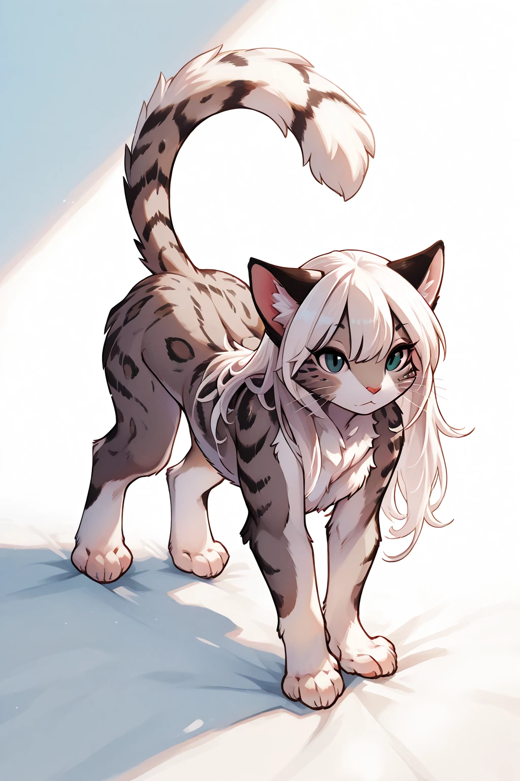 score_9,score_8_up,score_7_up, source_furry, (Kat, Anthro furry feline girl, adult female, blue eyes, blonde hair, hair in a pony tail, eyes half closed, silver fur, grey stripes, tail), wearing blue bandeau, black , lifting tail, she is , rear view, feet in frame, 4 toes, pink paw pads, plantigrade feet, kn a bed, simple brown background she is laughing, rear view, 