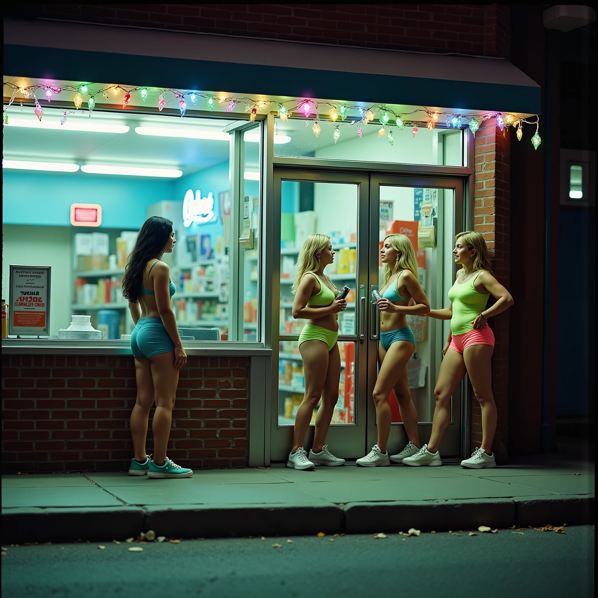 Ultra-realistic 35mm film night street photo outside a small brick convenience store. Four adult women gather at the entrance beneath a fluorescent canopy and multicolored string lights. Left: a woman in a turquoise bikini top and aqua shorts stands with weight on her right leg, left foot turned outward, relaxed shoulders, one hand holding a phone near her hip, neutral gaze; long dark hair. Center-left: a blonde in pale-yellow shorts and a light top leans against the doorframe, right knee bent and lifted, sneaker on tiptoe; right hand gripping a clear glass bottle of amber liquor by the neck; left forearm lightly touching the next woman. Center-right: a blonde in a lime-green bikini top and neon coral–pink gradient shorts stands in three-quarter profile, right hand on her hip, left hand hanging a small bottle at her side, chin slightly raised. Rear: another woman peeks from the doorway between them, only head and shoulders visible, watching the scene. All wear colorful sneakers. The scene is washed in cyan–green light from the store’s fluorescents and an electric-blue beer neon inside the window, with warm magenta and red flecks from the string bulbs along the roofline. Brick texture, postered windows and reflections on the glass are sharp; shallow curb and concrete step in foreground.