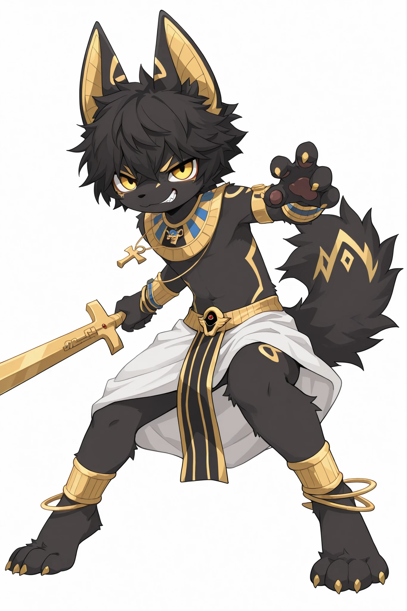 score_9, score_8_up, score_7_up, 1 Boy, solo, masterpiece, Highest Quality, High quality, very aesthetic, Ridiculous, sauce Furry, made by Hailey Jackal, ファーリーShota, Yellow Eyes, jackal ears, Jackal Tail , Jackal Characteristics, Black body hair, Dark Haired, messy bangs, disheveled hair, smile, adipose tissue, short body, closeup, ((Egyptian clothing, Lowcross , Egyptian Decor, Egyptian Bracelets, Egyptian Anklets)), cheek , smile, angry, full body, In addition to 3 fingered legs , white background, simple background, Fur, gold Egyptian sword, battle pose, dynamic, jumping,Dynamic,Shota,