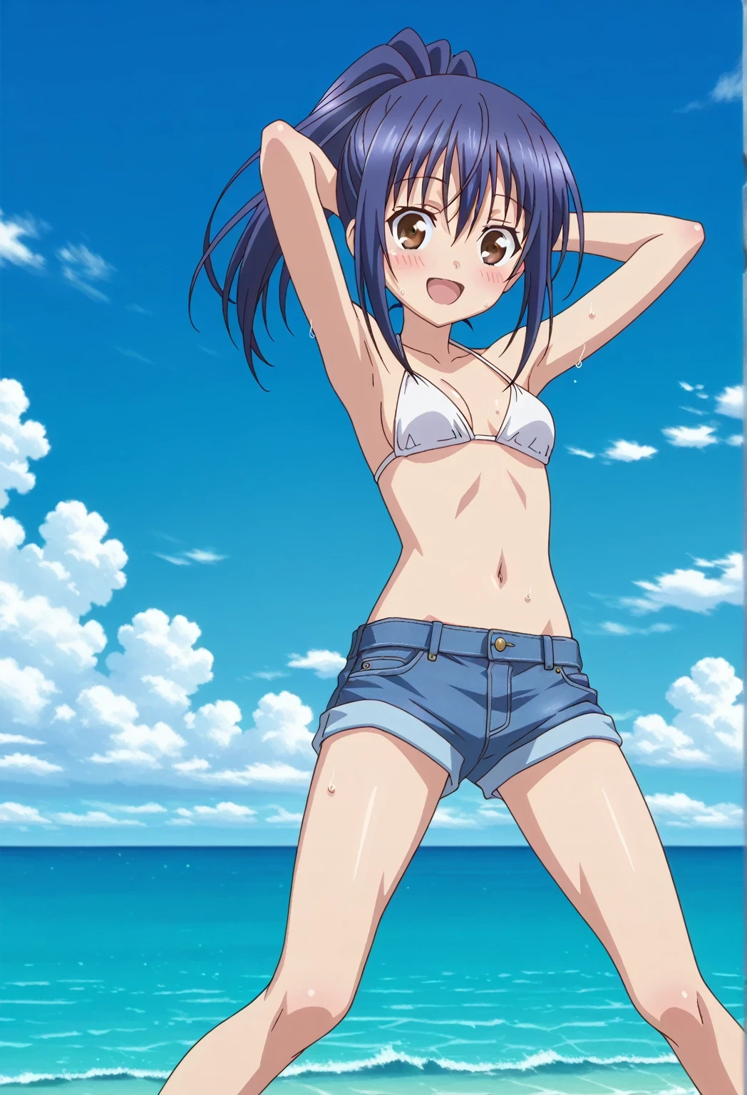 score_9, score_8_up, score_7_up, source_anime, highres, hi res, ((best quality, top quality, perfect quality, Highest Quality, amazing quality)), {{masterpiece}}, {{an extremely delicate and beautiful}}, 2d, intricate details, official style, anime, 8k, anime style, official_anime, official art, digital painting, cell shading, soft shading, high resolution, soothing tones, Subdued Color, Soft cinematic light, adobe lightroom, photolab, HDR, intricately and hyper-detailed, ((high quality animation)), 1 girl, Alone, solo, ((ocean)), tsunami, on the water, day, sunny, outdoors, sky, windy, mana takamiya, long hair, ponytail, hair between eyes, brown eyes, blue hair, sidelocks, anime screencap, small breasts, white bikini top, best quality, hyper-detailed denim shorts, ((blue denim shorts:1.9)), (dark blue denim shorts:0.6), full medium body, medium shot, Open mouth, smiling, happy face, blush, sweat, standing, ((arms behind head:6.0)), bowlegged, jumping pose, action, looking at viewer, spread legs, Bend knees slightly, straight-on front view