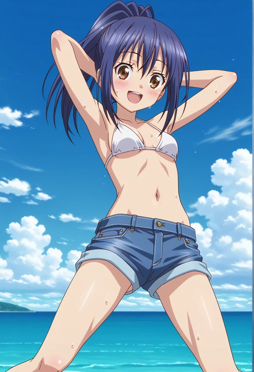 score_9, score_8_up, score_7_up, source_anime, highres, hi res, ((best quality, top quality, perfect quality, Highest Quality, amazing quality)), {{masterpiece}}, {{an extremely delicate and beautiful}}, 2d, intricate details, official style, anime, 8k, anime style, official_anime, official art, digital painting, cell shading, soft shading, high resolution, soothing tones, Subdued Color, Soft cinematic light, adobe lightroom, photolab, HDR, intricately and hyper-detailed, ((high quality animation)), 1 girl, Alone, solo, ((ocean)), tsunami, on the water, day, sunny, outdoors, sky, windy, mana takamiya, long hair, ponytail, hair between eyes, brown eyes, blue hair, sidelocks, anime screencap, small breasts, white bikini top, best quality, hyper-detailed denim shorts, ((blue denim shorts:1.9)), (dark blue denim shorts:0.6), full medium body, medium shot, Open mouth, smiling, happy face, blush, sweat, standing, ((arms behind head:6.0)), bowlegged, jumping pose, action, looking at viewer, spread legs, Bend knees slightly, straight-on front view