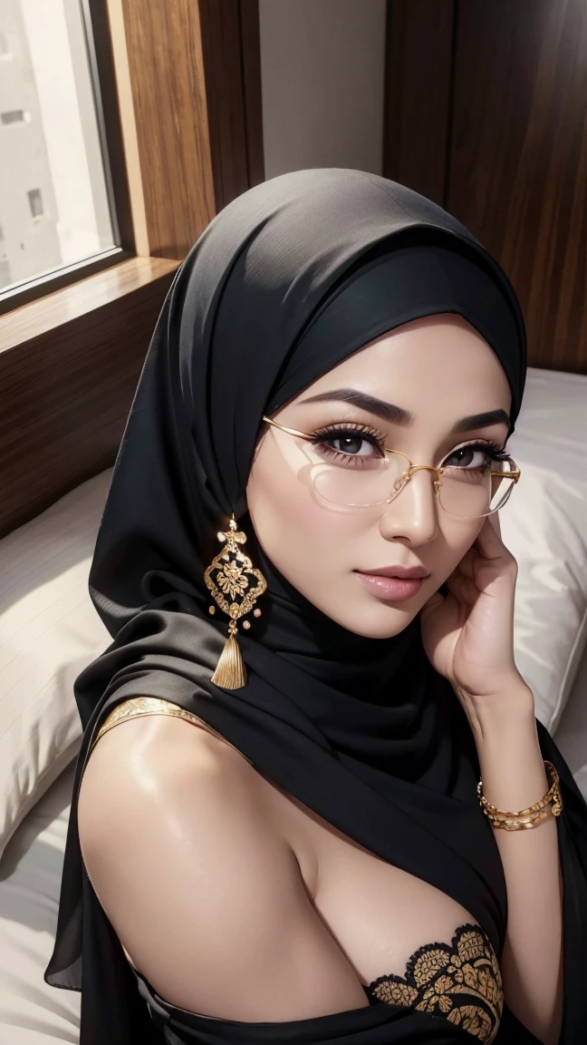A high school glasses girl model wearing hijab, golden indian bangle and bracelet, golden necklace, golden swiss polo watch, kissing a man, squinting eyes, detailed  face
