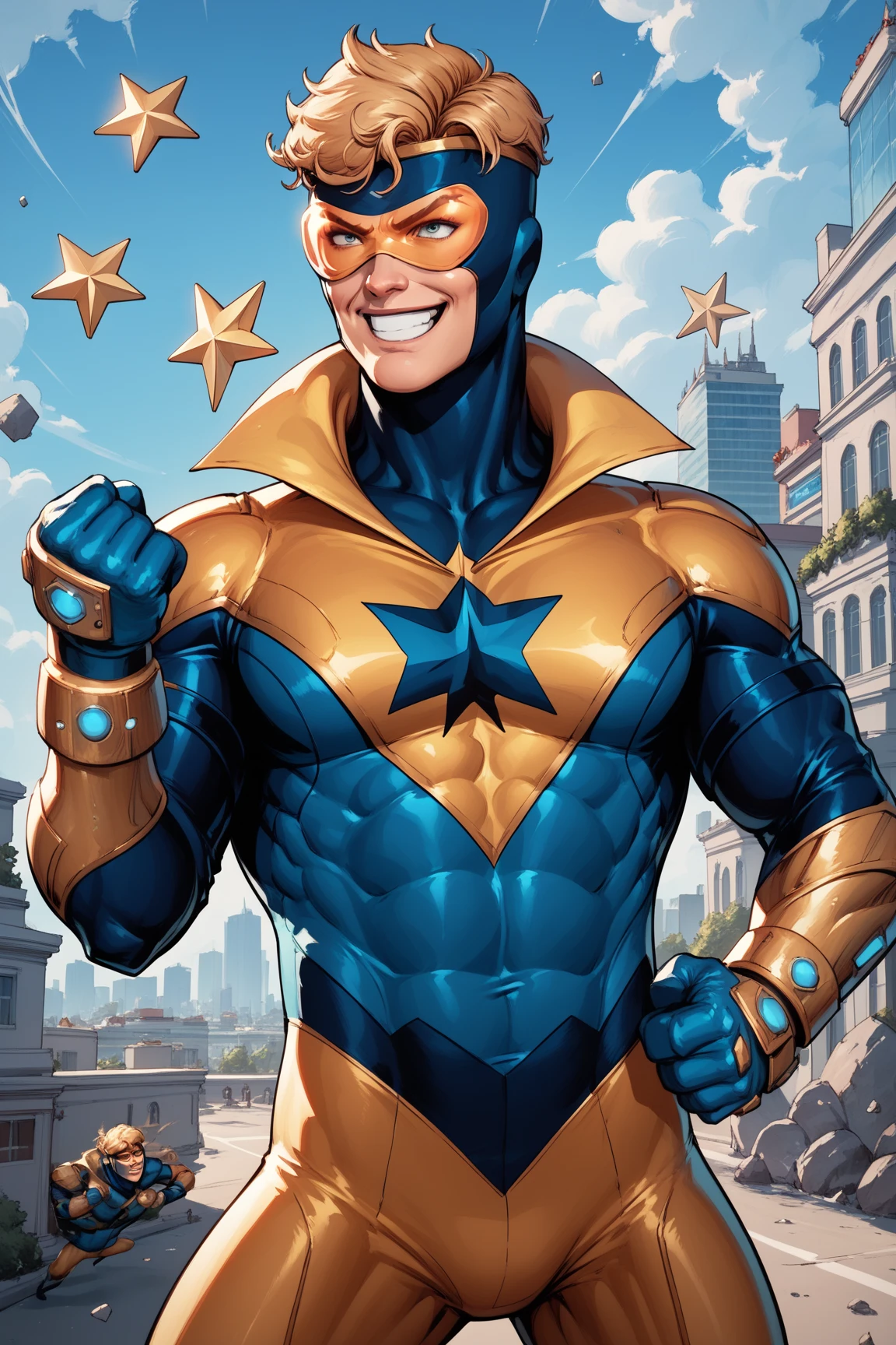 score_9, score_8_up, score_7_up, masterpiece, high quality, BREAK
 <lora:Booster GoldPonyLoRA:1>bstrgld, short hair, mask, goggles, high collar, bodysuit, high star (symbol), bracer, gloves, boots, smile, hands on hips, orb, city in background,