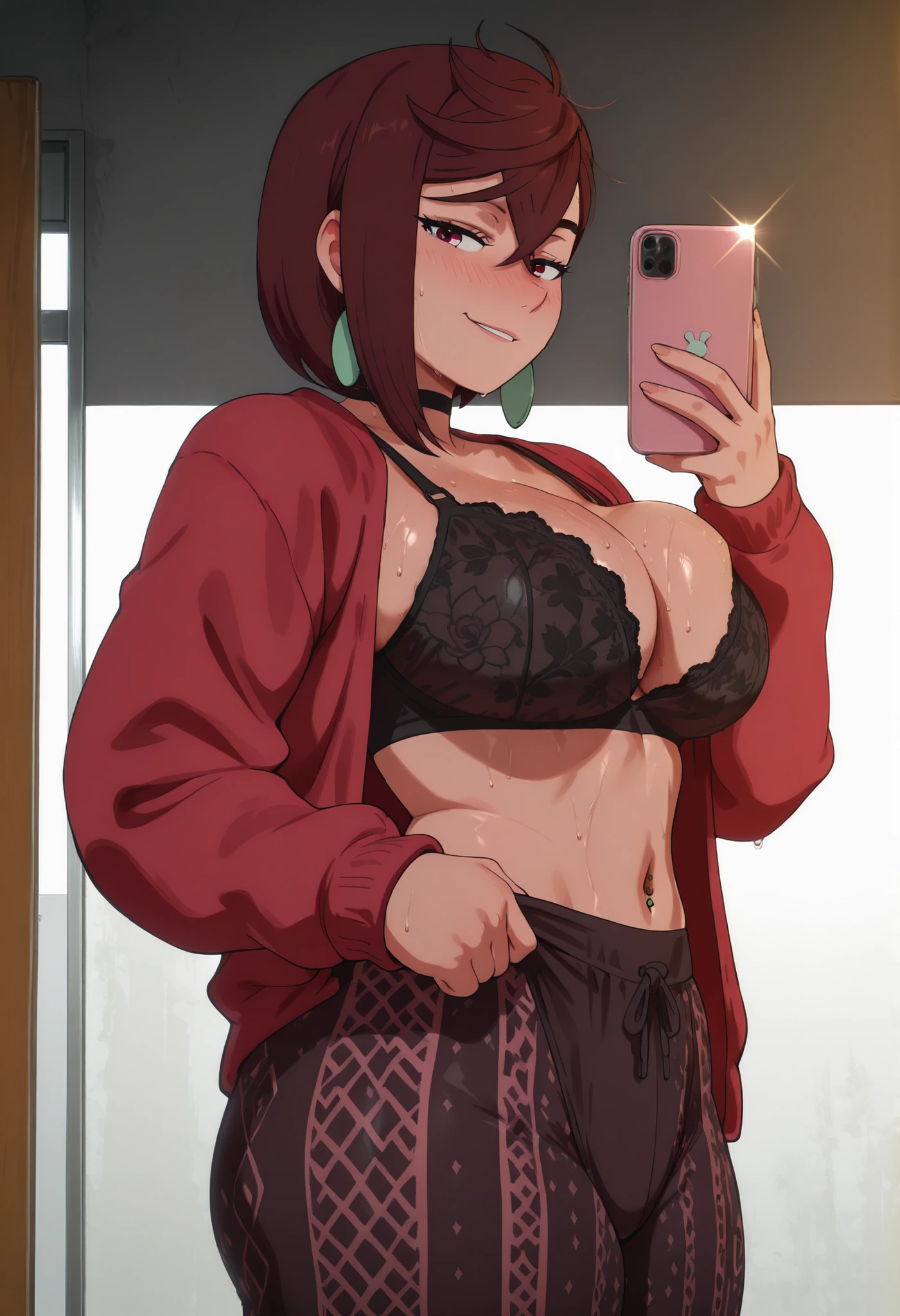 score_9, score_8_up, score_7_up, score_6_up, score_5_up, score_4_up, masterpiece, high quality, shiny skin, shiny hair, shiny body, clear body, large breasts, nose blush, sweat, sweaty, sweaty:1.3, nice legs, navel, midriff, standing, nice legs, posing, SFW, looking at viewer, thick thigh, thick thighs, nice face, cleavage, large breasts, solo, SOLO, anime girl, taking a mirror selfie with a confident smirk, one hand pulling down patterned sweatpants, wearing a tight black crop top lifted up, fishnet sleeves, low-rise pajama pants with tribal patterns, visible navel piercing, seductive pose", modern aesthetic, ultra-detailed, high contrast, body shine, soft lighting, provocative and confident expression, pants, long pants, print pants, yellow forbidden pants, flare pants, floral pattern, yoga pants, printed pants, striped pants, floral print, [BLACK], holding phone, cowboy shot, ayase momo, 1girl, solo, brown hair, red eyes, black choker, earrings, miniskirt, red cardigan, black lace bra, open cardigan, navel, midriff, black lace bra, large breasts, panties revealing, from side, side view