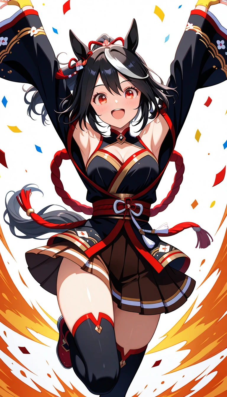 Witch girl、Shining black eyes、Cheerful smile、Bust C、She has short, fluffy brown hair with a Japanese-style red ribbon tied on the right side.、The shrine maiden outfit has no sleeves, reveals her side boob, and has slits on both sides.、White tabi、