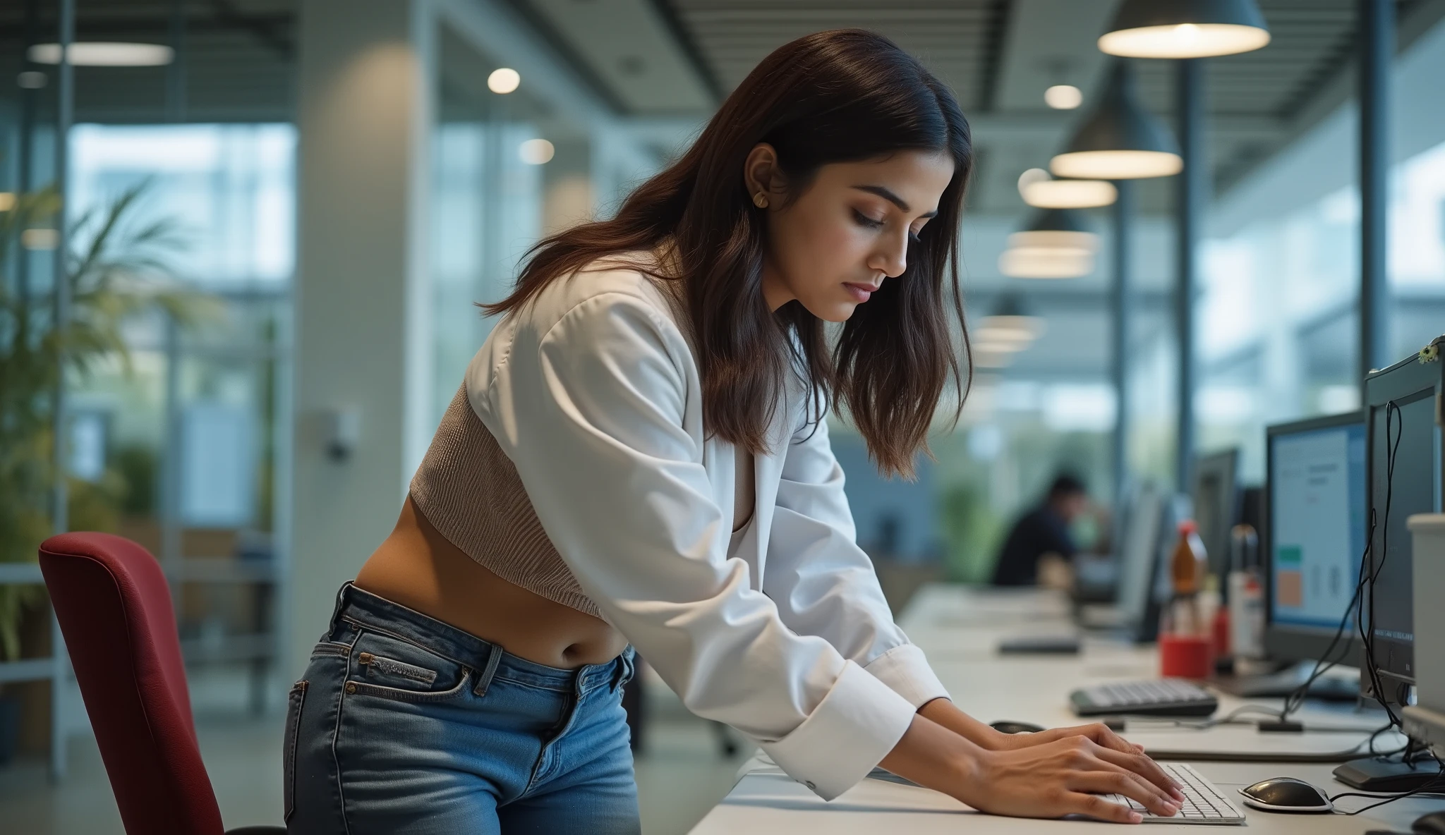 Full hd image of a indian modern 25 years old girl wearing jeans top is scientist and doing work in her office