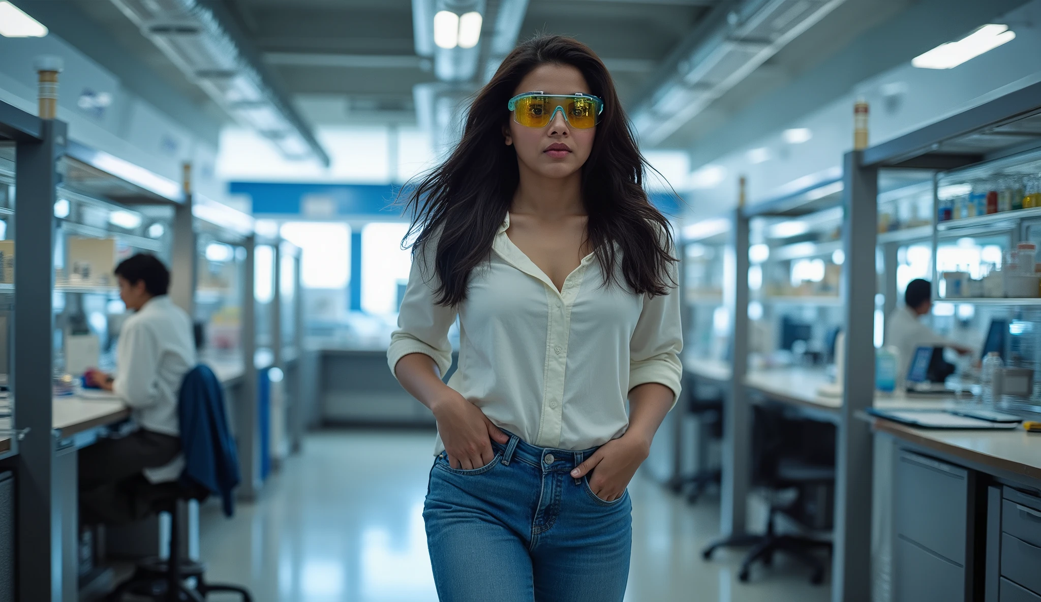 Full hd image of a indian modern 25 years old girl wearing jeans top  is walking and doing work in her laboratory 