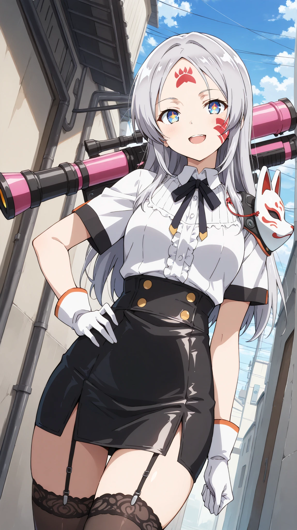 ((Studio: Pierrot)) masterpiece , best quality , highly detailed , ultra high res , Score_9, Score_8_up, Score_7_up, perfect anatomy, detailed fingers, detailed eyes, cowboy shot, dutch angle, focus on face, masterpiece, detailed anime, Sharp Focus, lady, JK, detailed face, detailed, semi-long hair, grey hair silky hair, forehead, sliced back hair, open smile, joy in your eyes, knee, hacker girl , (gloves, short-sleeved blouse, short leather skirt, garter belt stockings, fox mask on face, hand on waist, cyber bazooka on shoulder) alley, empire kingdom