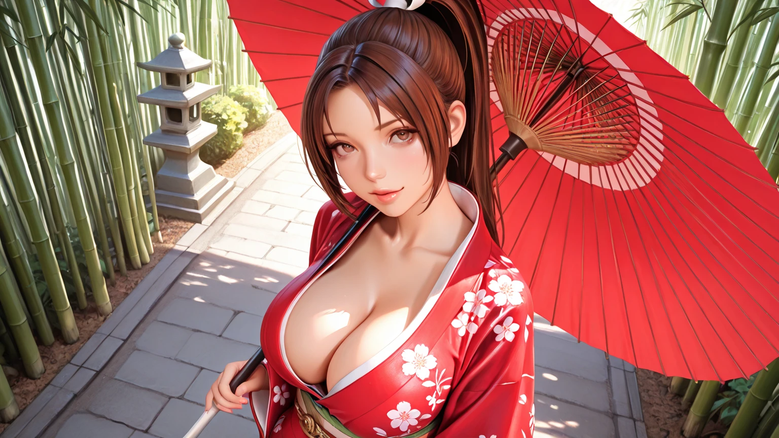 intrincate details, detailed, masterpiece, best quality, 4K, HDR, outside in a flower garden, sunset, beautiful ocean city landscape, Mature MILF Woman, brown hair, green eyes, (Giant ???? and giant cleavage: 1.6), black eyeliner, long flower kimono, japanese geta, confident and ?????? allusive expression, looking at the viewer, sensual and ???? smile, a group photo of multiple woman near each other in a very ???? pose