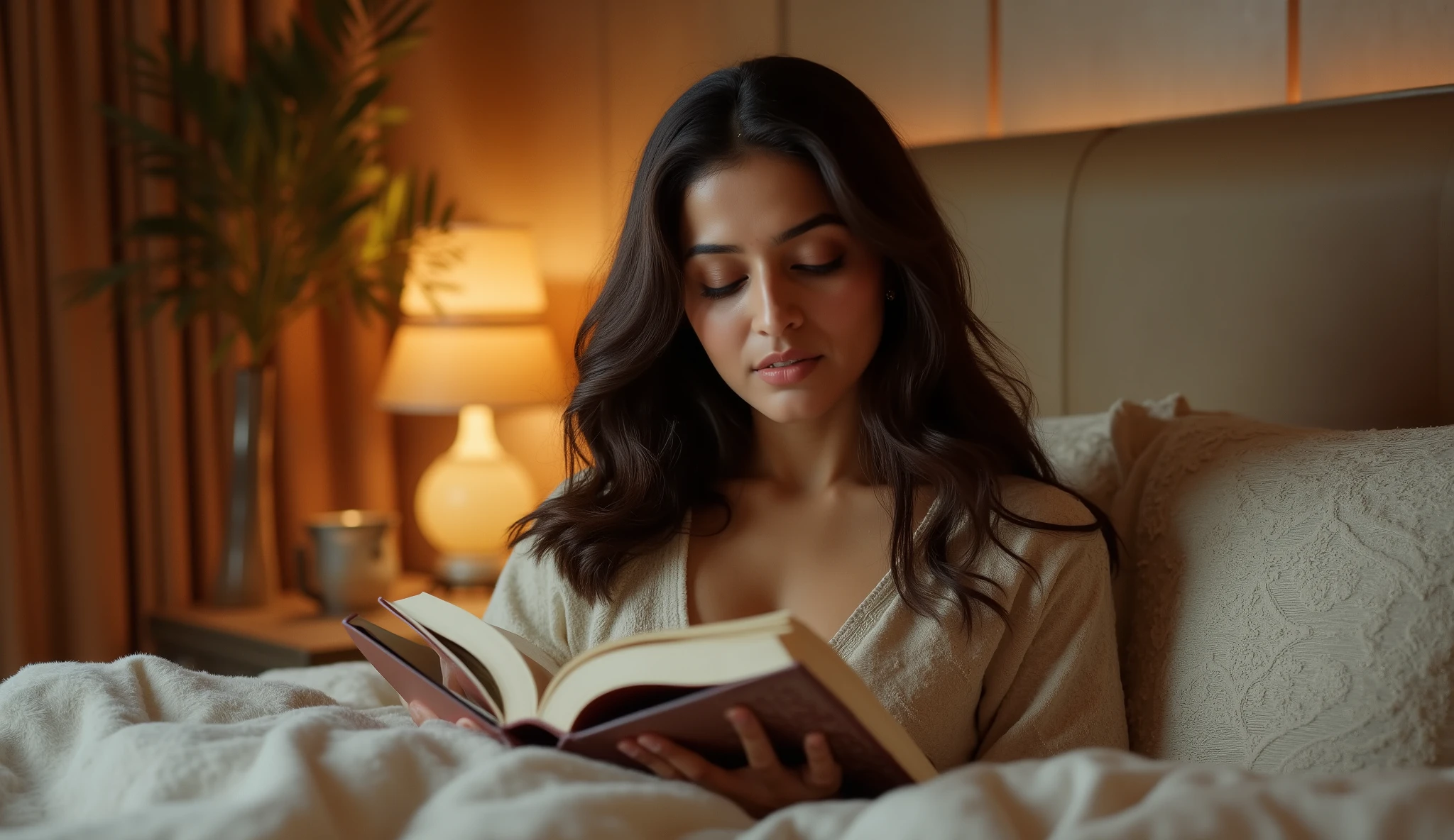 Full hd image of a indian modern 25 years old girl wearing western dress and reading book in her room 