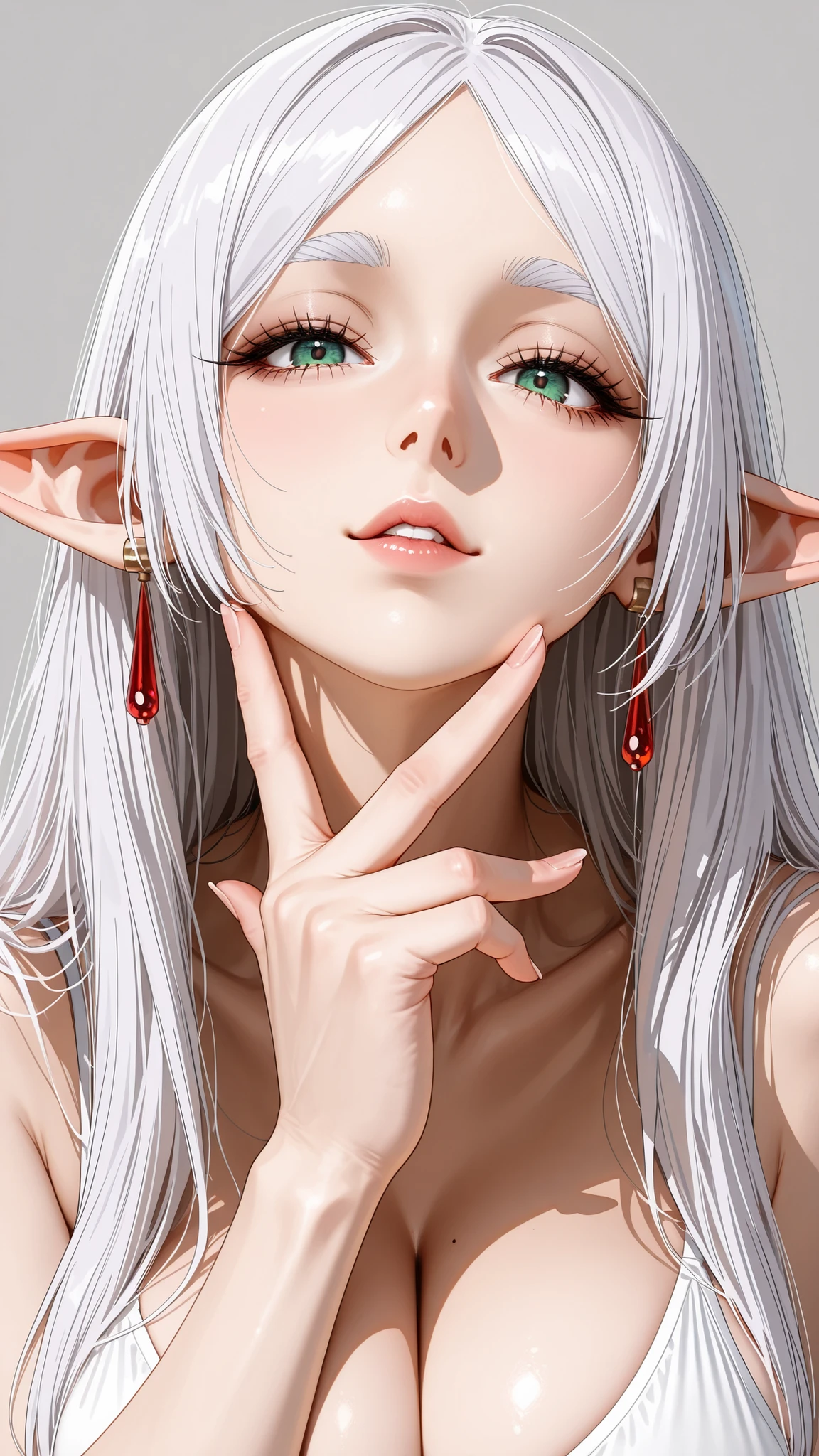 Frieren in sousou no frieren, gros seins nue, totalement nue, The golden ratio, Proper composition,BEAUTIFUL ILLUSTRATION, (masterpiece, detailed:1.2), maorix,score_9, score_8_up, score_7_up, score_6_up, score_5_up, 1girl, huge tit, five anatomically correct fingers, close-up, super quality, 8k, super quality, beautiful Japanese woman, teen, 表情のclose-up, detailed eyes, careful brown iris, high resolution, Beautiful Japanese woman with big boobs standing, anatomically correct ratio :1.331, Tiny Head :1.331, Upper body angle, detailed skin, detailed face, dynamic pose, The viewer looks up at her, grey background, white hair, tranparent green eyes