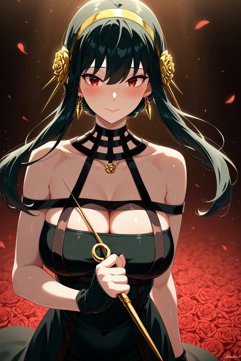 solo, looking at viewer, simple background, hair ornament, gloves, dress, holding, closed mouth, cleavage, jewelry,  shoulders, flower, ((weapon)), cowboy shot, earrings, hairband, black gloves, hair flower, fingerless gloves, holding weapon, black dress, rose, green background, dagger, two-sided fabric, gold hairband, two-sided dress, stiletto, yor forger, hair up  <lora:FSH-LEO:1>