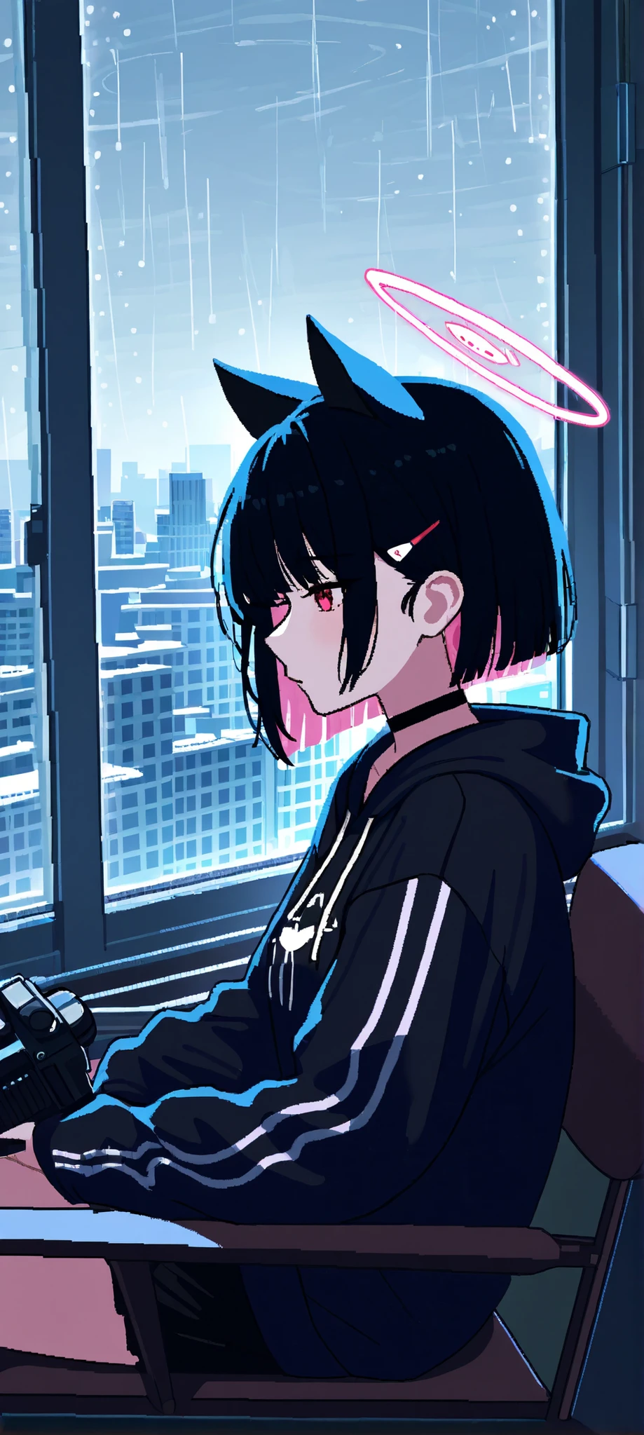 Kazusa sitting in a chair and looking out the window carelessly(bluearchive). can see the city center raining through the window. Close camera. lonely atmosphere.Cool Color