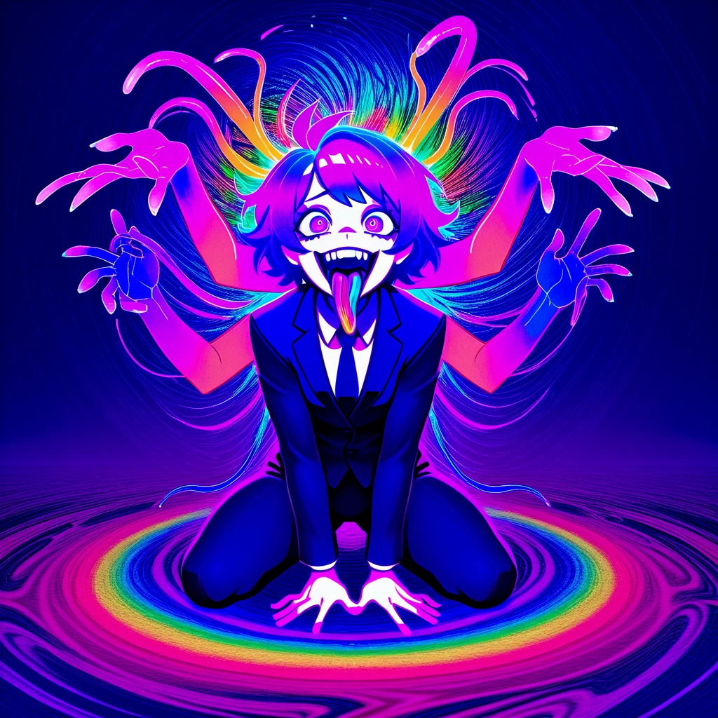 psychedelic colors, , (1girl), pervert, rough bouncing, stenchy, side ponytail, detailed oily skin, sitting on top of , inside dimly lit otaku room, presenting her buttcrack, looking back, smirk, (high contrast shadows), fisheye lens, dirty tissue, used , stench, (stenchy estrus atmosphere), barefoot stockings