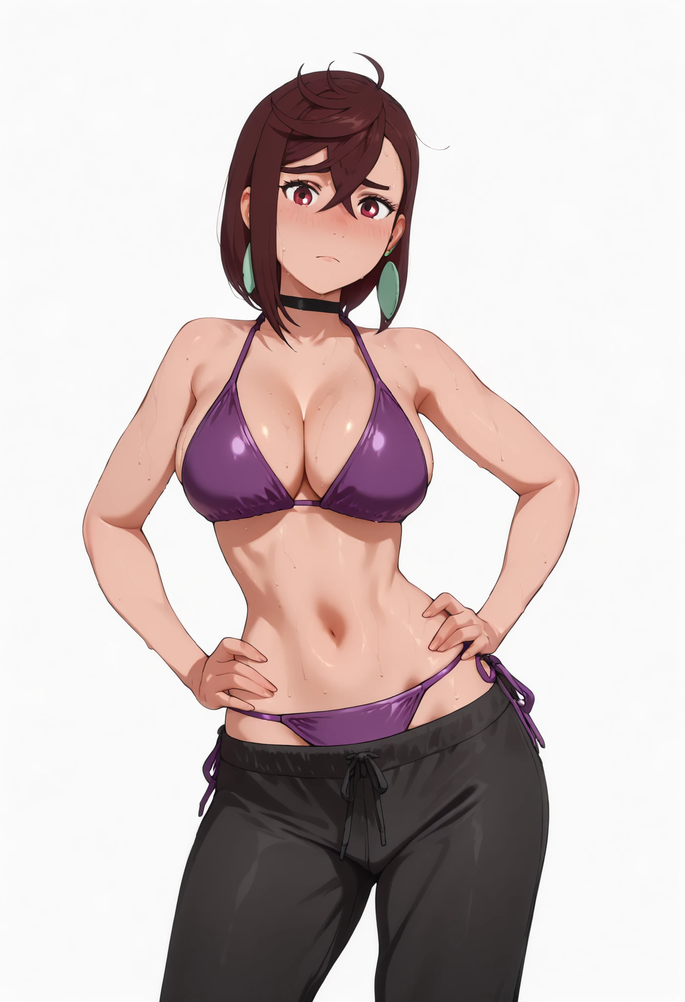 score_9, score_8_up, score_7_up, score_6_up, score_5_up, score_4_up, masterpiece, high quality, shiny skin, shiny hair, shiny body, clear body, , nose blush, sweat, sweaty, sweaty:1.3, nice legs, navel, midriff, standing, nice legs, posing, SFW, looking at viewer, thick thigh, thick thighs, nice face, cleavage, , solo, , ayase momo, 1girl, solo, brown hair, red eyes, black choker, earrings, white background, simple background, posing, pose, contrapposto, under clothes, side-tie bottom, under clothes, side-tie bottom, purple , black pants, hands on hip, looking at viewer