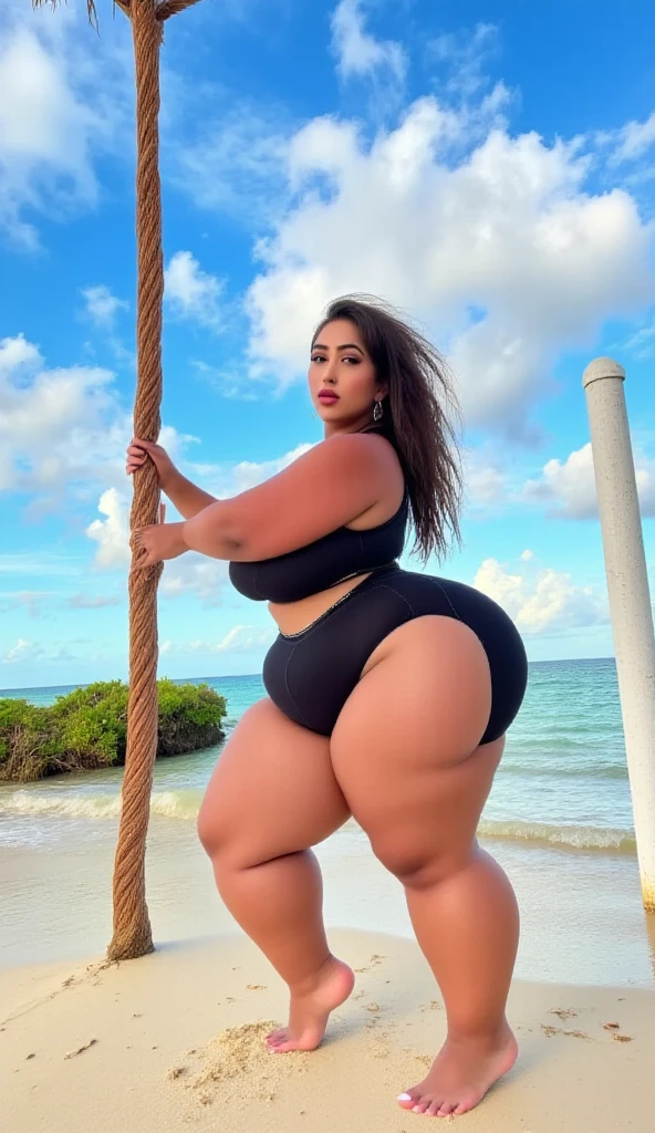 1girl, areolae, artist name, asian, ass, asymmetrical hair, back, bare shoulders, black hair, blue sky, blurry, blurry background, blurry foreground, borrowed character, branch, breasts, brown eyes, brown hair, bush, covered nipples, cowboy shot, curvy, dappled sunlight, dark-skinned female, dark skin, day, denim, denim shorts, depth of field, earrings, eyebrows, eyeliner, eyeshadow, forehead, forest, from behind, grass, hip focus, huge ass, huge breasts, jacket, jewelry, jungle, lake, large breasts, leaf, leotard, light smile, lips, lipstick, log, long hair, long sleeves, looking at viewer, looking back, looking to the side, makeup, medium breasts, mole on ass, moss, multicolored clothes, nature, nipples, no bra, nose, off shoulder, open mouth, orange sweater, outdoors, palm tree, pants, parted lips, photo \(medium\), photorealistic, plant, puckered lips, realistic, red lips, ribbed sweater, road, rock, short shorts, shorts, sideboob, signature, skindentation, sleeves past wrists, solo, standing, sweater, tan, thick thighs, thighhighs, thighs, thong, thong leotard, tree, wading, water, wide hips, <lora:CelluliteMadnessv3-20:1> ,<lora:pytorch_lora_weights:1>