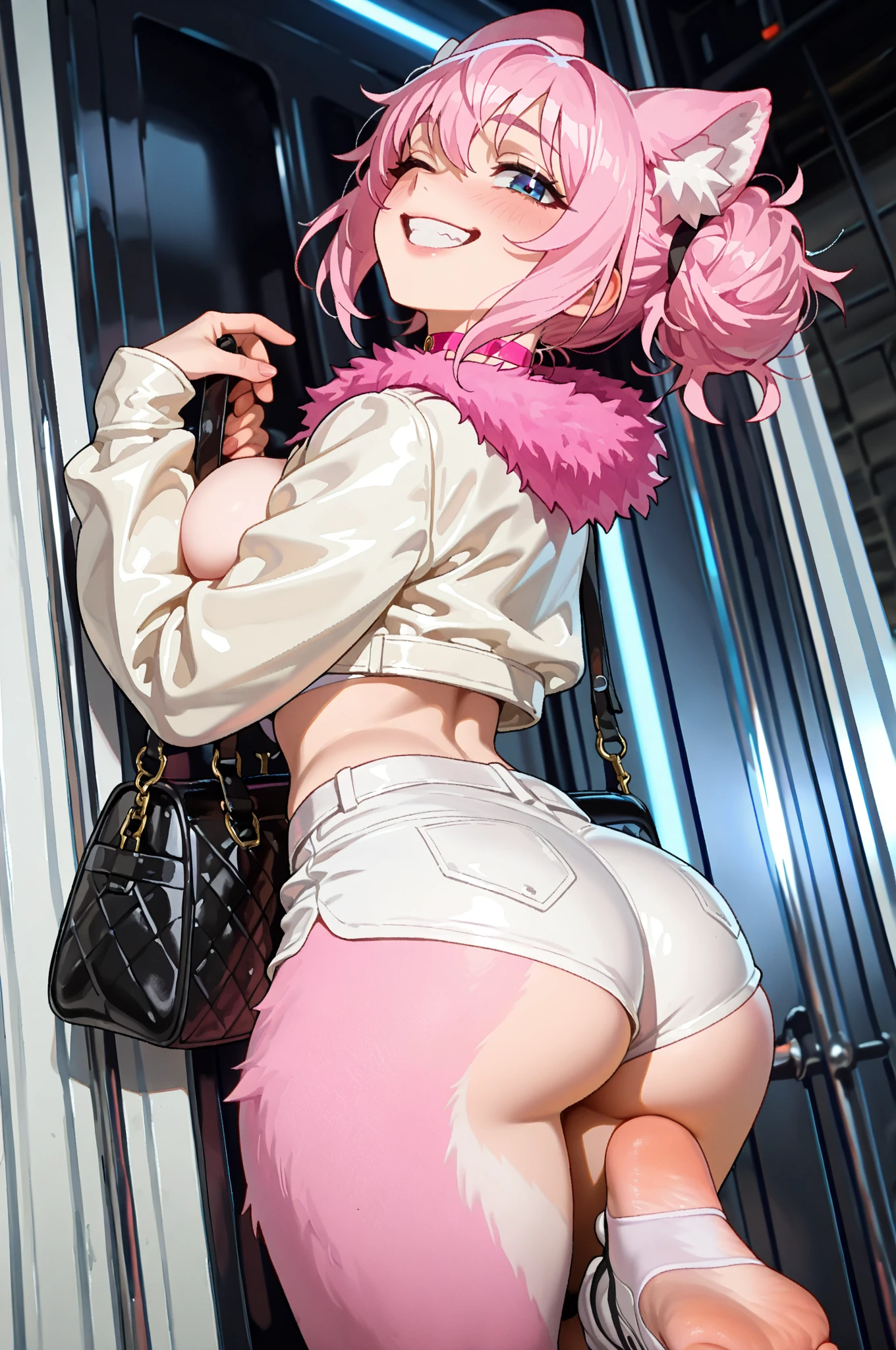 (masterpiece), best quality, (SHARP details), 4k, expressive eyes, (gyaru), 20 year old girl, pink hair, ((slutty clothes)), ????????????, SHARP detail expressive eyes, (SHARP detail perfect face), slutty, (slut), ((dark skin)), 4k, (very short skirt), ????????? peek, leopard-print bra, leopard-print ?????, (((bimbo))), outdoors, nightclub, neon lights, straight hair, deep cleavage, (wearing (slutty and micro) leather jacket), (pink mini skirt), view from half below, visible ?????, ((tomboy)), tall, (big ????), ????, (presenting ????), (skirt lift), ???? expression,