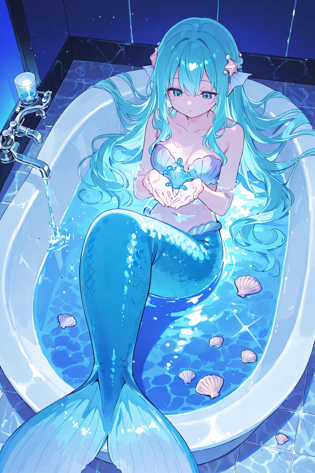 (best quality,4k,8k,highres,masterpiece:1.2),ultra-detailed,(realistic,photorealistic,photo-realistic:1.37),portrait,merman,bathtub,water reflections,shimmering scales,expressive eyes and lips,splashing water,wet hair,glistening skin,sunlight streaming through the window,relaxed posture,peaceful and serene atmosphere,underwater wonderland,blue color palette,soft lighting,vivid colors