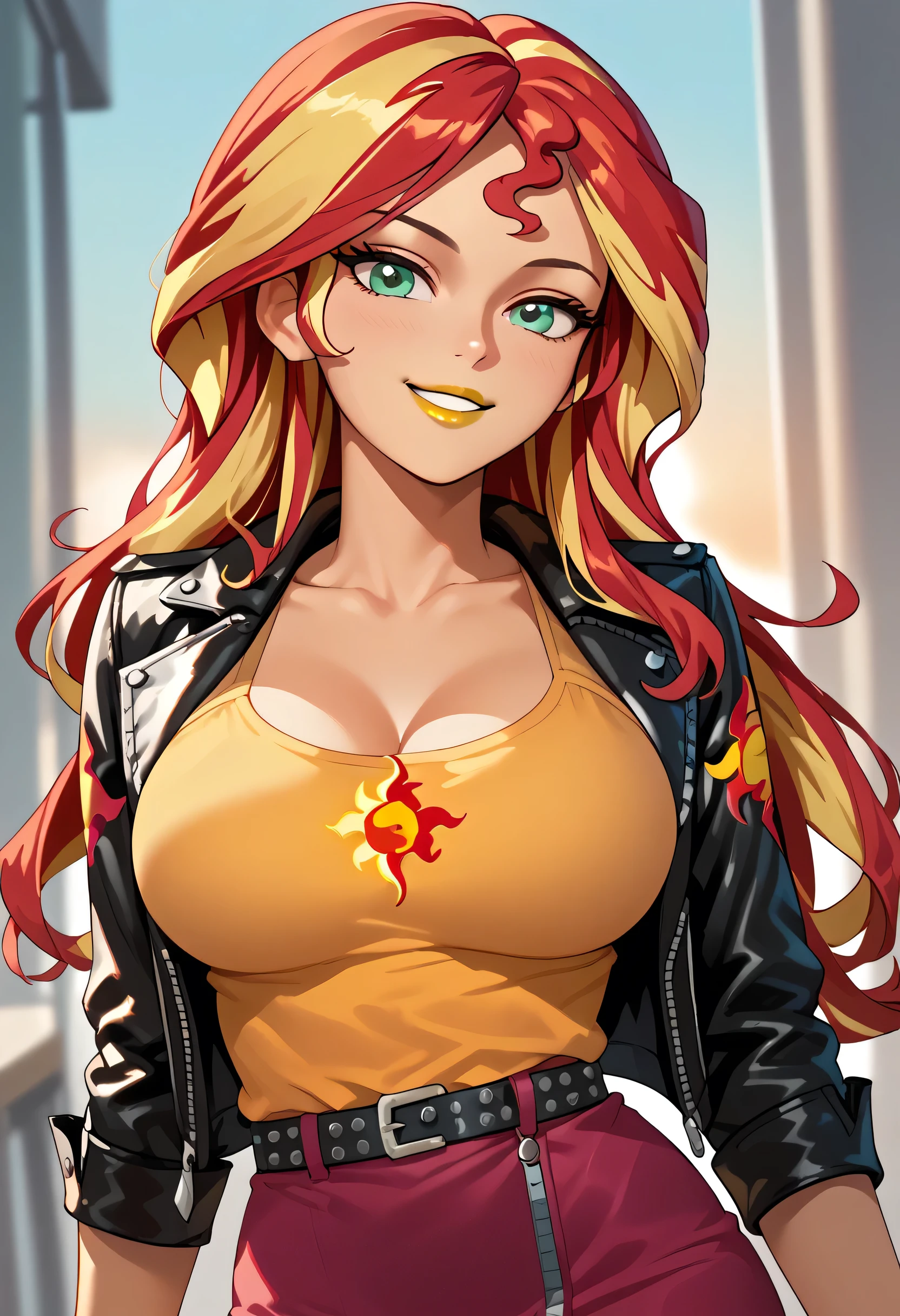 woman, orange skin, red hair, yellow hair, multicolored hair, long hair, , anime style, yellow lipstick, green eyes, Sunset Shimmer, leather jacket, sensual smile,