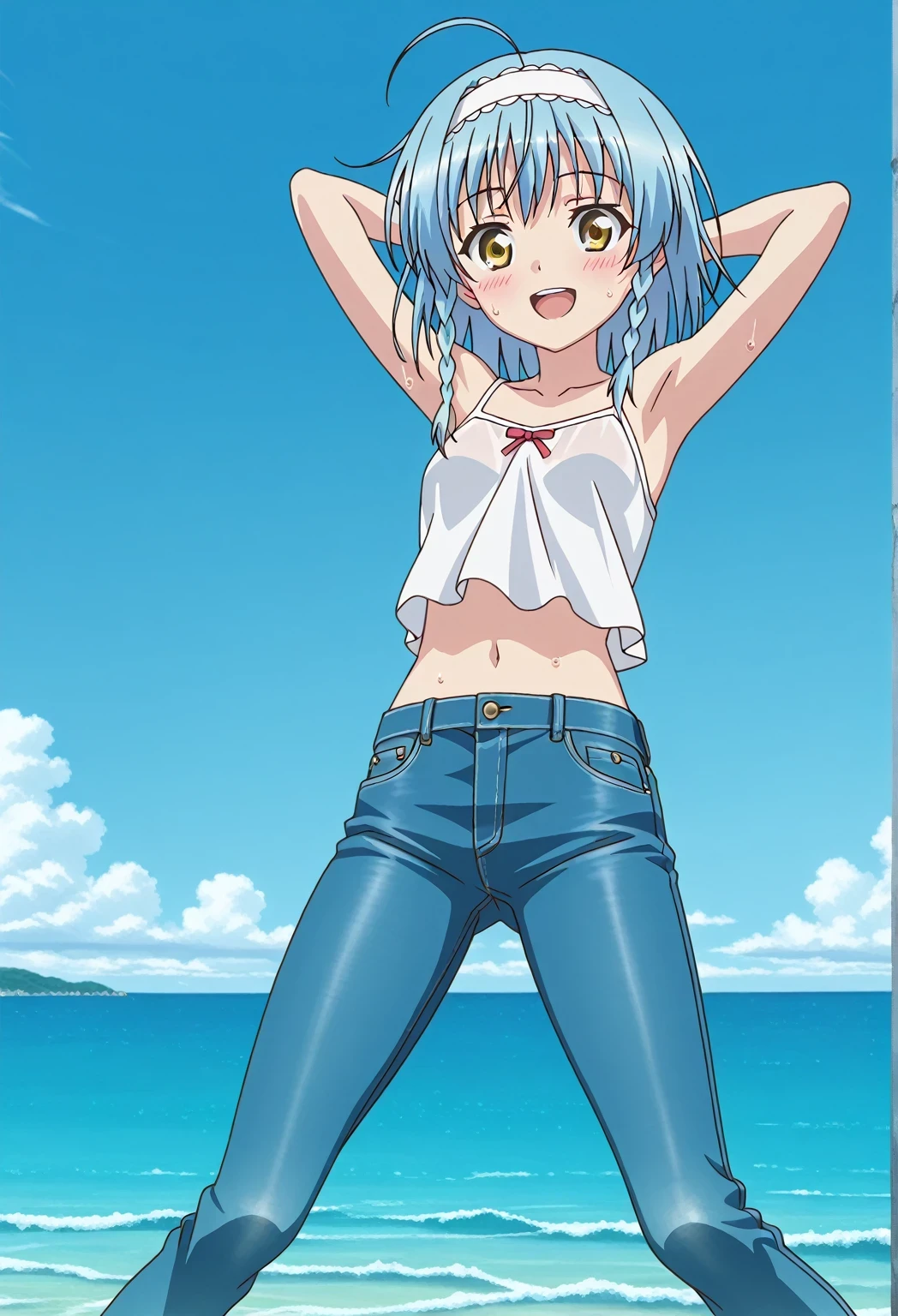 score_9, score_8_up, score_7_up, source_anime, highres, hi res, ((best quality, top quality, perfect quality, Highest Quality, amazing quality)), {{masterpiece}}, {{an extremely delicate and beautiful}}, 2d, intricate details, official style, anime, 8k, anime style, official_anime, official art, digital painting, cell shading, soft shading, high resolution, soothing tones, Subdued Color, Soft cinematic light, adobe lightroom, photolab, HDR, intricately and hyper-detailed, ((high quality animation)), 1 girl, Alone, solo, ((ocean)), tsunami, on the water, day, sunny, outdoors, sky, windy, yuki nonaka, long hair, short hair, blue hair, yellow eyes, braid, ahoge, hairband, side braid, anime screencap, small breasts, white camisole top, crop top white crop top, best quality, hyper-detailed jeans, ((blue jeans:1.9)), (dark blue jeans:0.6), full medium body, medium shot, Open mouth, smiling, happy face, blush, sweat, standing, ((arms behind head:6.0)), bowlegged, sliding pose, action, looking at viewer, spread legs, Bend knees slightly, straight-on front view