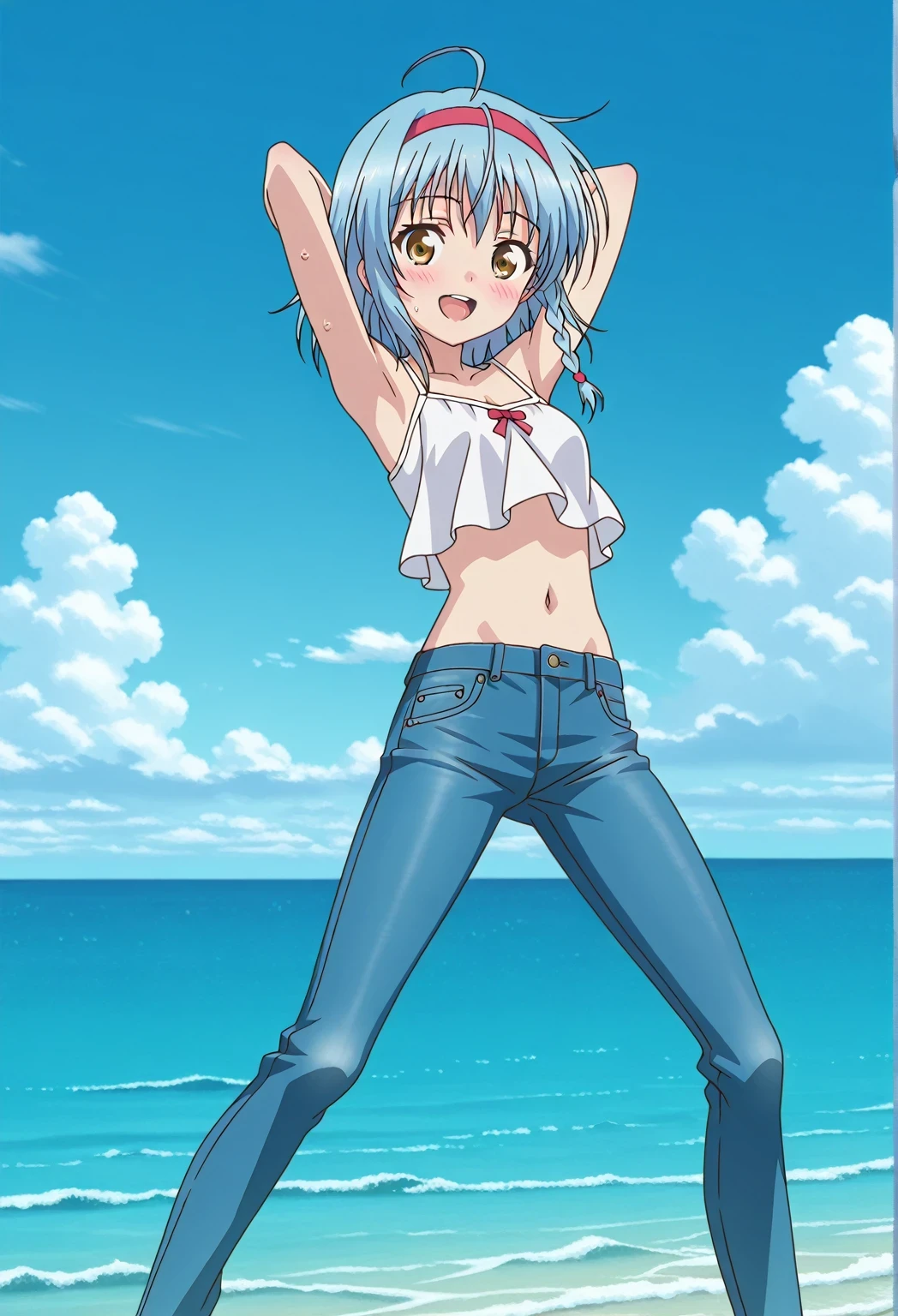 score_9, score_8_up, score_7_up, source_anime, highres, hi res, ((best quality, top quality, perfect quality, Highest Quality, amazing quality)), {{masterpiece}}, {{an extremely delicate and beautiful}}, 2d, intricate details, official style, anime, 8k, anime style, official_anime, official art, digital painting, cell shading, soft shading, high resolution, soothing tones, Subdued Color, Soft cinematic light, adobe lightroom, photolab, HDR, intricately and hyper-detailed, ((high quality animation)), 1 girl, Alone, solo, ((ocean)), tsunami, on the water, day, sunny, outdoors, sky, windy, yuki nonaka, long hair, short hair, blue hair, yellow eyes, braid, ahoge, hairband, side braid, anime screencap, small breasts, white camisole top, crop top white crop top, best quality, hyper-detailed jeans, ((blue jeans:1.9)), (dark blue jeans:0.6), full medium body, medium shot, Open mouth, smiling, happy face, blush, sweat, standing, ((arms behind head:6.0)), bowlegged, sliding pose, action, looking at viewer, spread legs, Bend knees slightly, straight-on front view