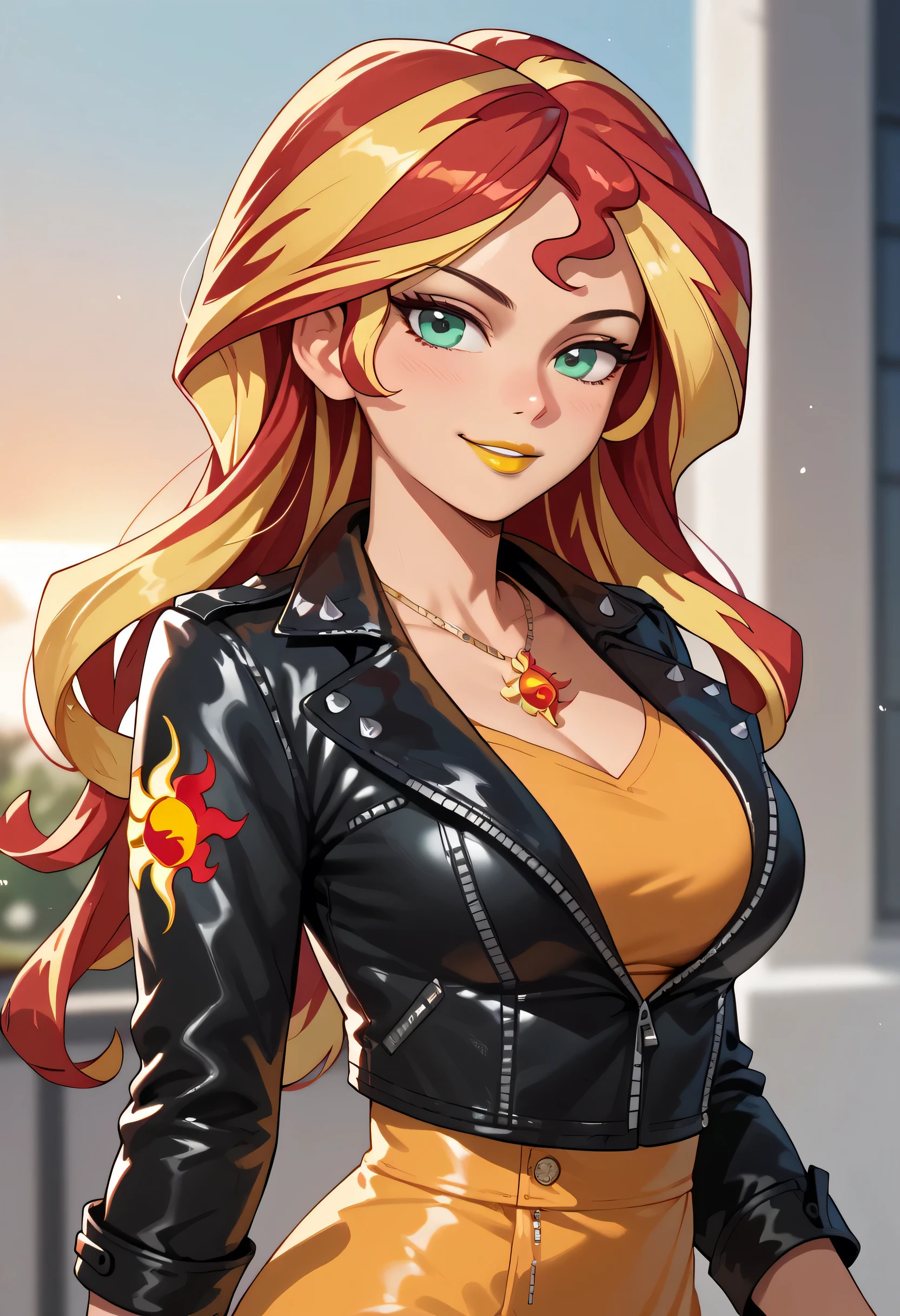 woman, orange skin, red hair, yellow hair, multicolored hair, long hair, , anime style, yellow lipstick, green eyes, Sunset Shimmer, leather jacket, sensual smile,
