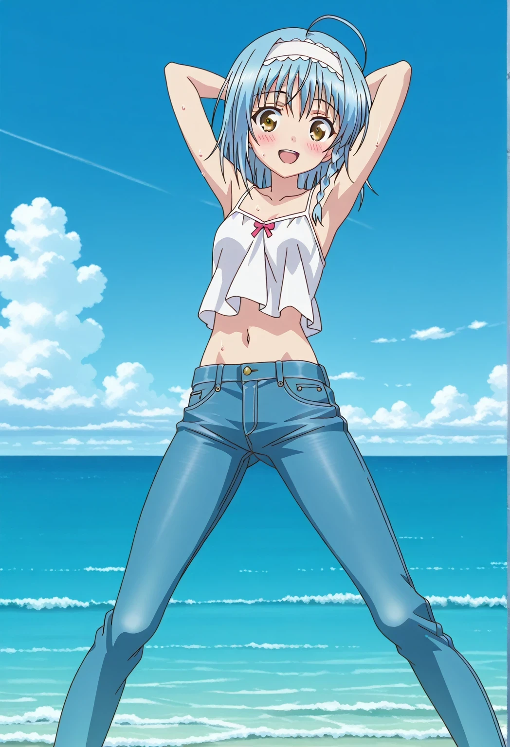 score_9, score_8_up, score_7_up, source_anime, highres, hi res, ((best quality, top quality, perfect quality, Highest Quality, amazing quality)), {{masterpiece}}, {{an extremely delicate and beautiful}}, 2d, intricate details, official style, anime, 8k, anime style, official_anime, official art, digital painting, cell shading, soft shading, high resolution, soothing tones, Subdued Color, Soft cinematic light, adobe lightroom, photolab, HDR, intricately and hyper-detailed, ((high quality animation)), 1 girl, Alone, solo, ((ocean)), tsunami, on the water, day, sunny, outdoors, sky, windy, yuki nonaka, long hair, short hair, blue hair, yellow eyes, braid, ahoge, hairband, white hairband, side braid, anime screencap, small breasts, white camisole top, crop top white crop top, best quality, hyper-detailed jeans, ((blue jeans:1.9)), (dark blue jeans:0.6), full medium body, medium shot, Open mouth, smiling, happy face, blush, sweat, standing, ((arms behind head:6.0)), bowlegged, sliding pose, action, looking at viewer, spread legs, Bend knees slightly, straight-on front view