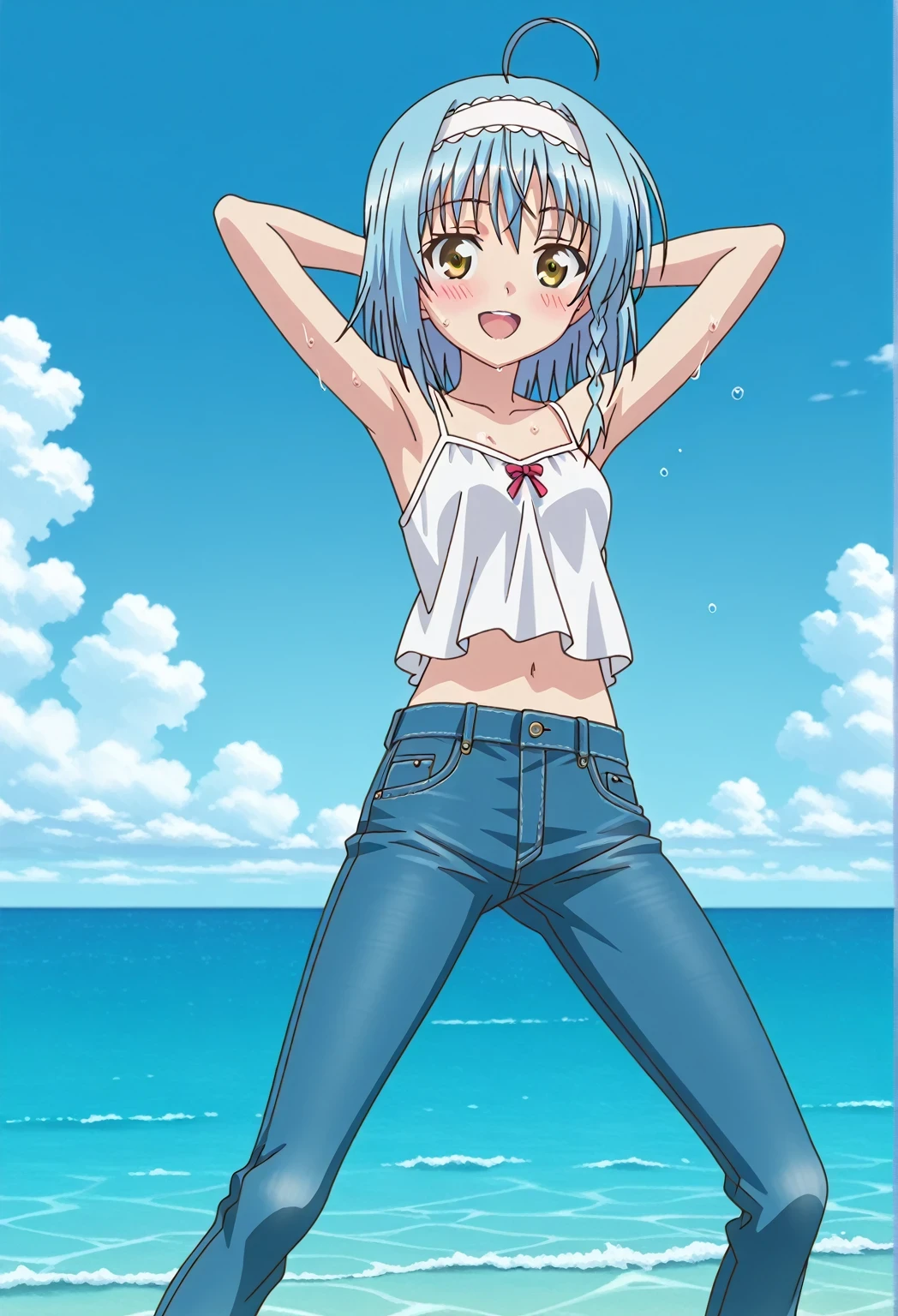 score_9, score_8_up, score_7_up, source_anime, highres, hi res, ((best quality, top quality, perfect quality, Highest Quality, amazing quality)), {{masterpiece}}, {{an extremely delicate and beautiful}}, 2d, intricate details, official style, anime, 8k, anime style, official_anime, official art, digital painting, cell shading, soft shading, high resolution, soothing tones, Subdued Color, Soft cinematic light, adobe lightroom, photolab, HDR, intricately and hyper-detailed, ((high quality animation)), 1 girl, Alone, solo, ((ocean)), tsunami, on the water, day, sunny, outdoors, sky, windy, yuki nonaka, long hair, short hair, blue hair, yellow eyes, braid, ahoge, hairband, white hairband, ((one side braid)), anime screencap, small breasts, white camisole top, crop top white crop top, best quality, hyper-detailed jeans, ((blue jeans:1.9)), (dark blue jeans:0.6), full medium body, medium shot, Open mouth, smiling, happy face, blush, sweat, standing, ((arms behind head:6.0)), bowlegged, sliding pose, action, looking at viewer, spread legs, Bend knees slightly, straight-on front view