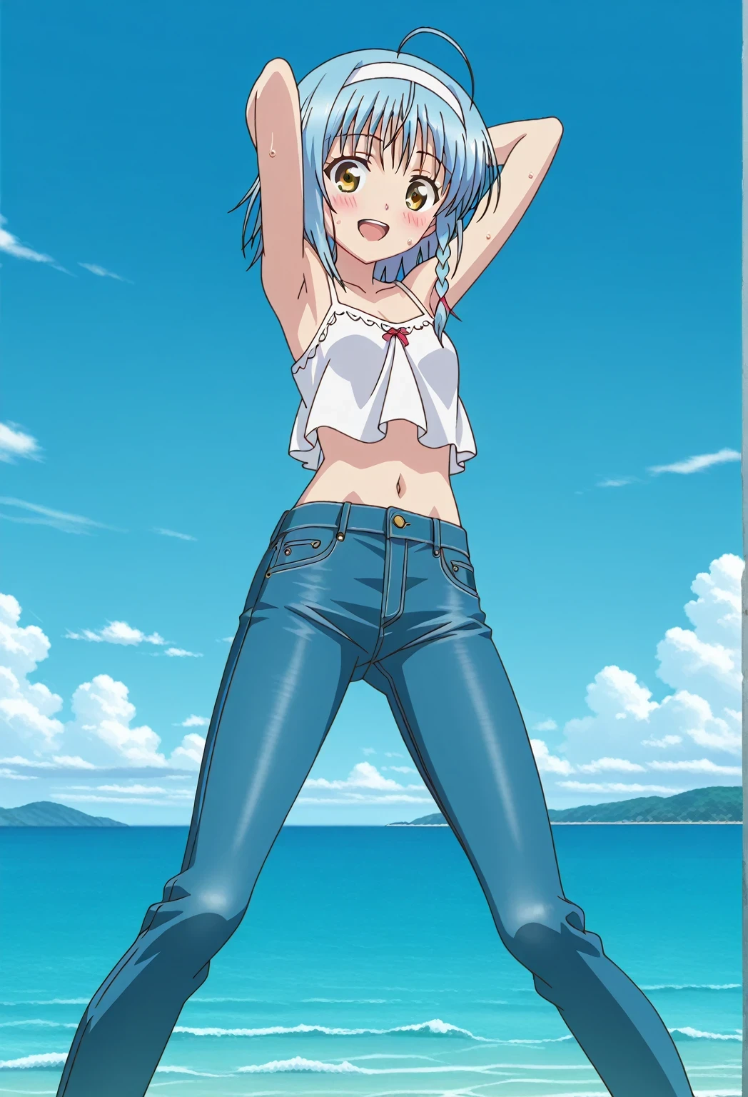 score_9, score_8_up, score_7_up, source_anime, highres, hi res, ((best quality, top quality, perfect quality, Highest Quality, amazing quality)), {{masterpiece}}, {{an extremely delicate and beautiful}}, 2d, intricate details, official style, anime, 8k, anime style, official_anime, official art, digital painting, cell shading, soft shading, high resolution, soothing tones, Subdued Color, Soft cinematic light, adobe lightroom, photolab, HDR, intricately and hyper-detailed, ((high quality animation)), 1 girl, Alone, solo, ((ocean)), tsunami, on the water, day, sunny, outdoors, sky, windy, yuki nonaka, long hair, short hair, blue hair, yellow eyes, braid, ahoge, hairband, white hairband, ((one side braid)), anime screencap, small breasts, white camisole top, crop top white crop top, best quality, hyper-detailed jeans, ((blue jeans:1.9)), (dark blue jeans:0.6), full medium body, medium shot, Open mouth, smiling, happy face, blush, sweat, standing, ((arms behind head:6.0)), bowlegged, sliding pose, action, looking at viewer, spread legs, Bend knees slightly, straight-on front view