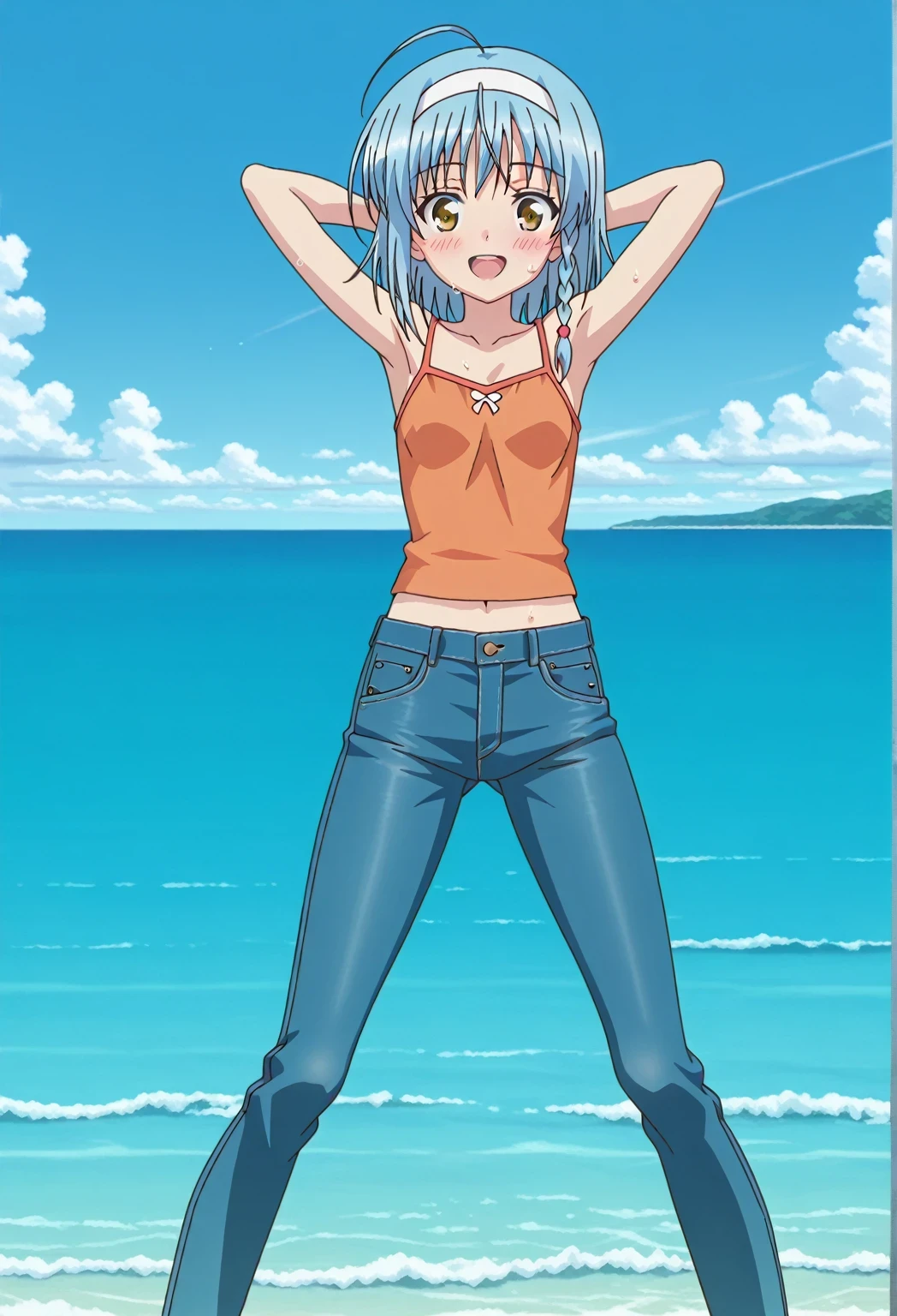 score_9, score_8_up, score_7_up, source_anime, highres, hi res, ((best quality, top quality, perfect quality, Highest Quality, amazing quality)), {{masterpiece}}, {{an extremely delicate and beautiful}}, 2d, intricate details, official style, anime, 8k, anime style, official_anime, official art, digital painting, cell shading, soft shading, high resolution, soothing tones, Subdued Color, Soft cinematic light, adobe lightroom, photolab, HDR, intricately and hyper-detailed, ((high quality animation)), 1 girl, Alone, solo, ((ocean)), tsunami, on the water, day, sunny, outdoors, sky, windy, yuki nonaka, long hair, short hair, blue hair, yellow eyes, braid, ahoge, hairband, white hairband, ((one side braid)), anime screencap, small breasts, orange camisole top, crop top, orange crop top, best quality, hyper-detailed jeans, ((blue jeans:1.9)), (dark blue jeans:0.6), full medium body, medium shot, Open mouth, smiling, happy face, blush, sweat, standing, ((arms behind head:6.0)), bowlegged, sliding pose, action, looking at viewer, spread legs, Bend knees slightly, straight-on front view