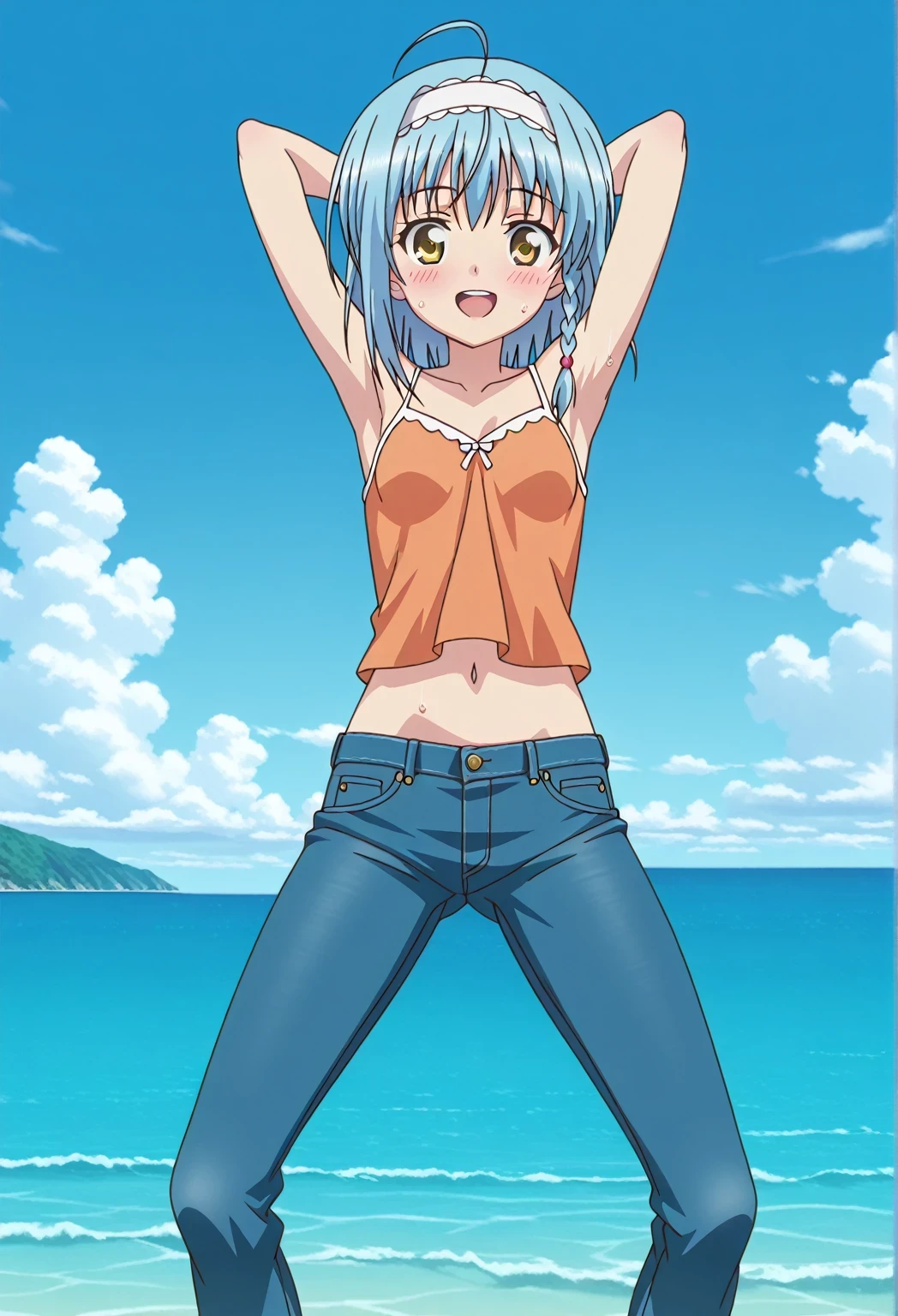 score_9, score_8_up, score_7_up, source_anime, highres, hi res, ((best quality, top quality, perfect quality, Highest Quality, amazing quality)), {{masterpiece}}, {{an extremely delicate and beautiful}}, 2d, intricate details, official style, anime, 8k, anime style, official_anime, official art, digital painting, cell shading, soft shading, high resolution, soothing tones, Subdued Color, Soft cinematic light, adobe lightroom, photolab, HDR, intricately and hyper-detailed, ((high quality animation)), 1 girl, Alone, solo, ((ocean)), tsunami, on the water, day, sunny, outdoors, sky, windy, yuki nonaka, long hair, short hair, blue hair, yellow eyes, braid, ahoge, hairband, white hairband, ((one side braid)), anime screencap, small breasts, orange camisole top, crop top, orange crop top, best quality, hyper-detailed jeans, ((blue jeans:1.9)), (dark blue jeans:0.6), full medium body, medium shot, Open mouth, smiling, happy face, blush, sweat, standing, ((arms behind head:6.0)), bowlegged, sliding pose, action, looking at viewer, spread legs, Bend knees slightly, straight-on front view