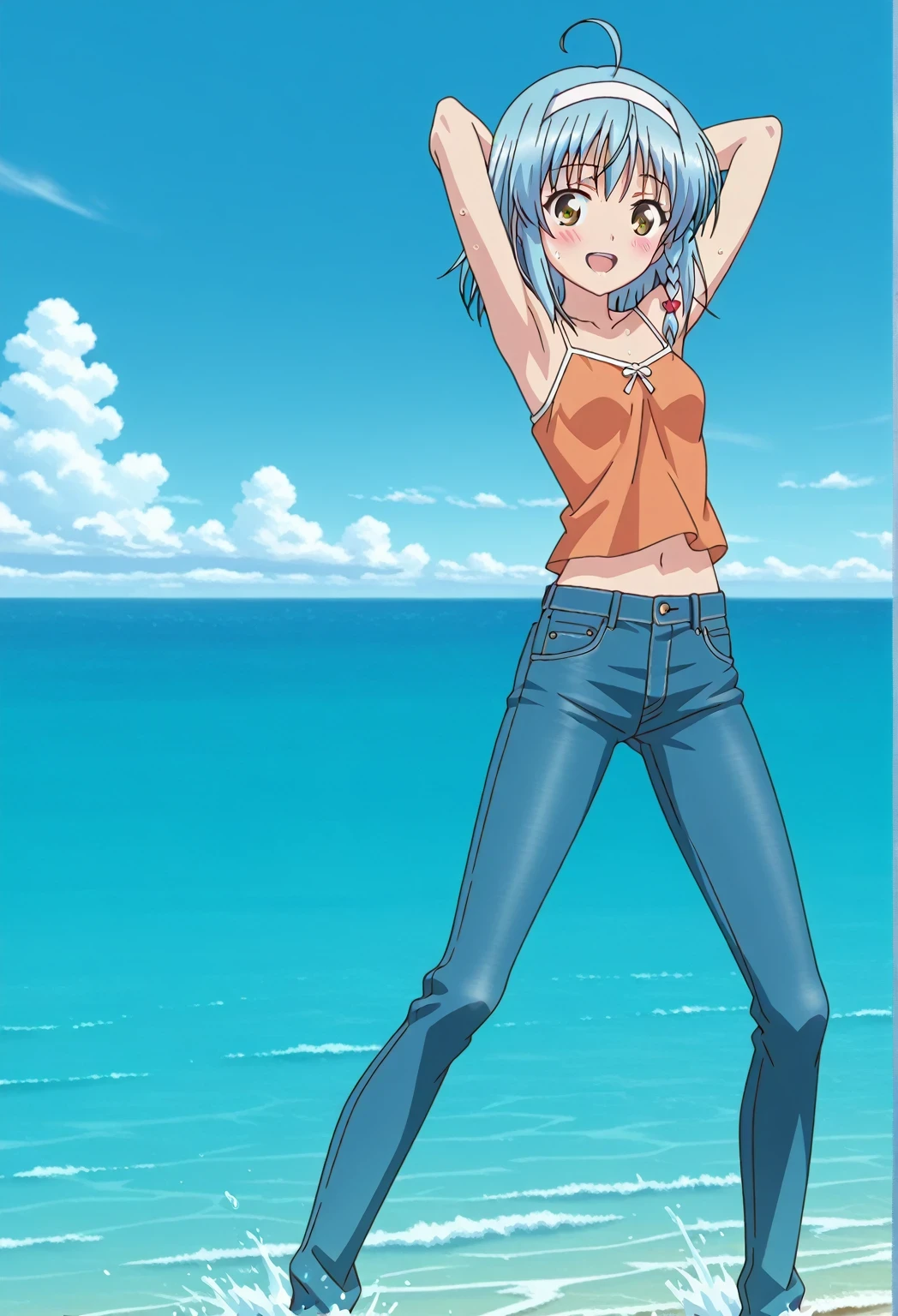 score_9, score_8_up, score_7_up, source_anime, highres, hi res, ((best quality, top quality, perfect quality, Highest Quality, amazing quality)), {{masterpiece}}, {{an extremely delicate and beautiful}}, 2d, intricate details, official style, anime, 8k, anime style, official_anime, official art, digital painting, cell shading, soft shading, high resolution, soothing tones, Subdued Color, Soft cinematic light, adobe lightroom, photolab, HDR, intricately and hyper-detailed, ((high quality animation)), 1 girl, Alone, solo, ((ocean)), tsunami, on the water, day, sunny, outdoors, sky, windy, yuki nonaka, long hair, short hair, blue hair, yellow eyes, braid, ahoge, hairband, white hairband, ((one side braid)), anime screencap, small breasts, orange camisole top, crop top, orange crop top, best quality, hyper-detailed jeans, ((blue jeans:1.9)), (dark blue jeans:0.6), full medium body, medium shot, Open mouth, smiling, happy face, blush, sweat, standing, ((arms behind head:6.0)), bowlegged, sliding pose, action, looking at viewer, spread legs, Bend knees slightly, straight-on front view