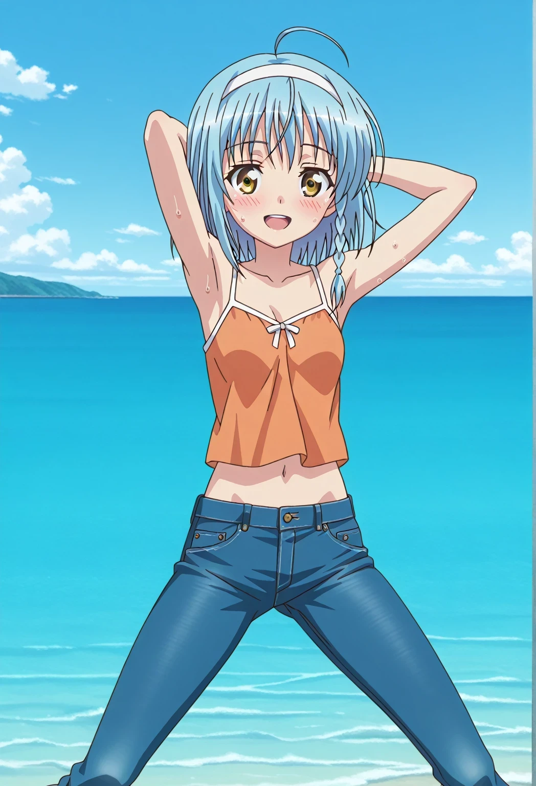 score_9, score_8_up, score_7_up, source_anime, highres, hi res, ((best quality, top quality, perfect quality, Highest Quality, amazing quality)), {{masterpiece}}, {{an extremely delicate and beautiful}}, 2d, intricate details, official style, anime, 8k, anime style, official_anime, official art, digital painting, cell shading, soft shading, high resolution, soothing tones, Subdued Color, Soft cinematic light, adobe lightroom, photolab, HDR, intricately and hyper-detailed, ((high quality animation)), 1 girl, Alone, solo, ((ocean)), tsunami, on the water, day, sunny, outdoors, sky, windy, yuki nonaka, long hair, short hair, blue hair, yellow eyes, braid, ahoge, hairband, white hairband, ((one side braid)), anime screencap, small breasts, orange camisole top, crop top, orange crop top, best quality, hyper-detailed jeans, ((blue jeans:1.9)), (dark blue jeans:0.6), full medium body, medium shot, Open mouth, smiling, happy face, blush, sweat, standing, ((arms behind head:6.0)), bowlegged, sliding pose, action, looking at viewer, spread legs, Bend knees slightly, straight-on front view