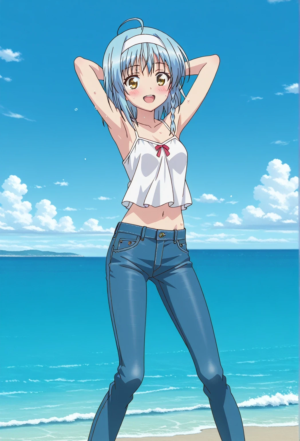 score_9, score_8_up, score_7_up, source_anime, highres, hi res, ((best quality, top quality, perfect quality, Highest Quality, amazing quality)), {{masterpiece}}, {{an extremely delicate and beautiful}}, 2d, intricate details, official style, anime, 8k, anime style, official_anime, official art, digital painting, cell shading, soft shading, high resolution, soothing tones, Subdued Color, Soft cinematic light, adobe lightroom, photolab, HDR, intricately and hyper-detailed, ((high quality animation)), 1 girl, Alone, solo, ((ocean)), tsunami, on the water, day, sunny, outdoors, sky, windy, yuki nonaka, long hair, short hair, blue hair, yellow eyes, braid, ahoge, hairband, white hairband, ((one side braid)), anime screencap, small breasts, white camisole top, crop top, white crop top, best quality, hyper-detailed jeans, ((blue jeans:1.9)), (dark blue jeans:0.6), full medium body, medium shot, Open mouth, smiling, happy face, blush, sweat, standing, ((arms behind head:6.0)), bowlegged, sliding pose, action, looking at viewer, spread legs, Bend knees slightly, straight-on front view