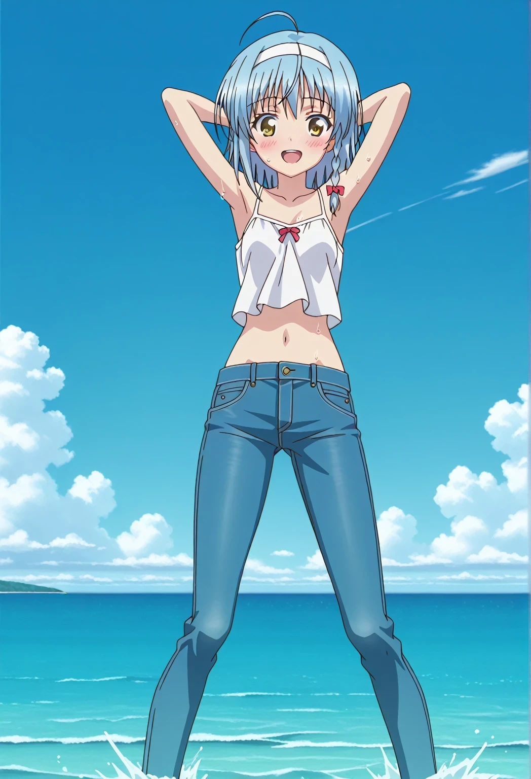 score_9, score_8_up, score_7_up, source_anime, highres, hi res, ((best quality, top quality, perfect quality, Highest Quality, amazing quality)), {{masterpiece}}, {{an extremely delicate and beautiful}}, 2d, intricate details, official style, anime, 8k, anime style, official_anime, official art, digital painting, cell shading, soft shading, high resolution, soothing tones, Subdued Color, Soft cinematic light, adobe lightroom, photolab, HDR, intricately and hyper-detailed, ((high quality animation)), 1 girl, Alone, solo, ((ocean)), tsunami, on the water, day, sunny, outdoors, sky, windy, yuki nonaka, long hair, short hair, blue hair, yellow eyes, braid, ahoge, hairband, white hairband, ((one side braid)), anime screencap, small breasts, white camisole top, crop top, white crop top, best quality, hyper-detailed jeans, ((blue jeans:1.9)), (dark blue jeans:0.6), full medium body, medium shot, Open mouth, smiling, happy face, blush, sweat, standing, ((arms behind head:6.0)), bowlegged, sliding pose, action, looking at viewer, spread legs, Bend knees slightly, straight-on front view
