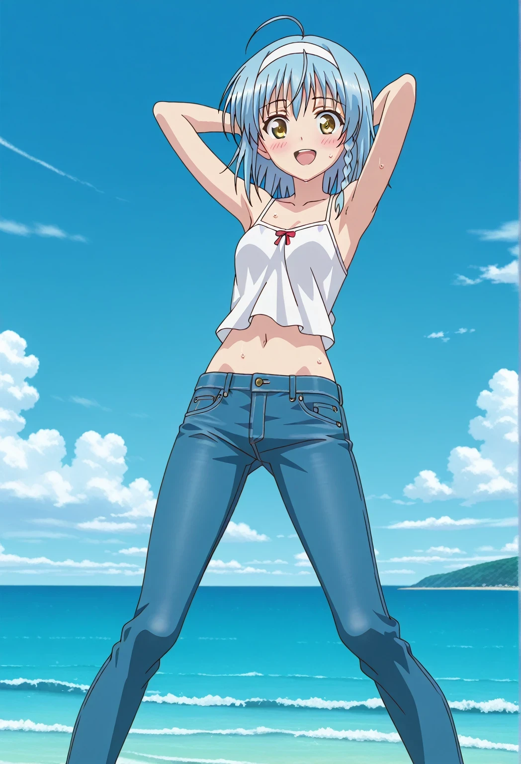 score_9, score_8_up, score_7_up, source_anime, highres, hi res, ((best quality, top quality, perfect quality, Highest Quality, amazing quality)), {{masterpiece}}, {{an extremely delicate and beautiful}}, 2d, intricate details, official style, anime, 8k, anime style, official_anime, official art, digital painting, cell shading, soft shading, high resolution, soothing tones, Subdued Color, Soft cinematic light, adobe lightroom, photolab, HDR, intricately and hyper-detailed, ((high quality animation)), 1 girl, Alone, solo, ((ocean)), tsunami, on the water, day, sunny, outdoors, sky, windy, yuki nonaka, long hair, short hair, blue hair, yellow eyes, braid, ahoge, hairband, white hairband, ((one side braid)), anime screencap, small breasts, white camisole top, crop top, white crop top, best quality, hyper-detailed jeans, ((blue jeans:1.9)), (dark blue jeans:0.6), full medium body, medium shot, Open mouth, smiling, happy face, blush, sweat, standing, ((arms behind head:6.0)), bowlegged, sliding pose, action, looking at viewer, spread legs, Bend knees slightly, straight-on front view
