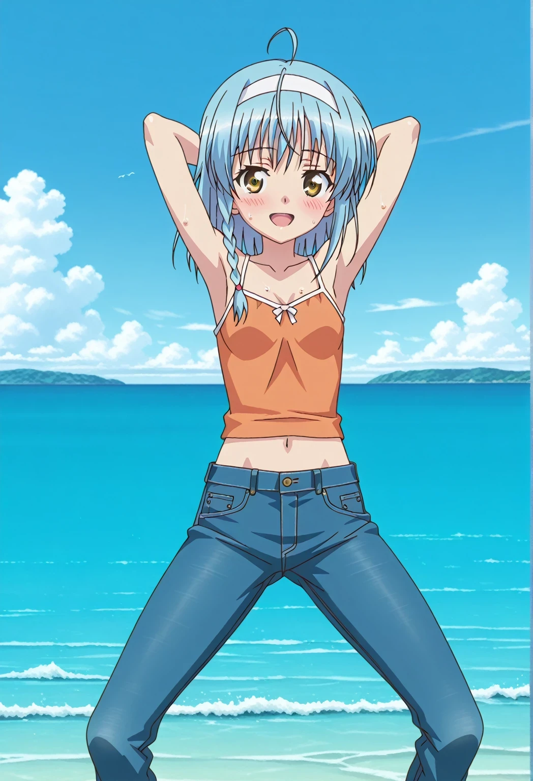 score_9, score_8_up, score_7_up, source_anime, highres, hi res, ((best quality, top quality, perfect quality, Highest Quality, amazing quality)), {{masterpiece}}, {{an extremely delicate and beautiful}}, 2d, intricate details, official style, anime, 8k, anime style, official_anime, official art, digital painting, cell shading, soft shading, high resolution, soothing tones, Subdued Color, Soft cinematic light, adobe lightroom, photolab, HDR, intricately and hyper-detailed, ((high quality animation)), 1 girl, Alone, solo, ((ocean)), tsunami, on the water, day, sunny, outdoors, sky, windy, yuki nonaka, long hair, short hair, blue hair, yellow eyes, braid, ahoge, hairband, ((one side braid)), anime screencap, small breasts, orange camisole top, crop top, orange crop top, best quality, hyper-detailed jeans, ((blue jeans:1.9)), (dark blue jeans:0.6), full medium body, medium shot, Open mouth, smiling, happy face, blush, sweat, standing, ((arms behind head:6.0)), bowlegged, jumping pose, action, looking at viewer, spread legs, Bend knees slightly, straight-on front view