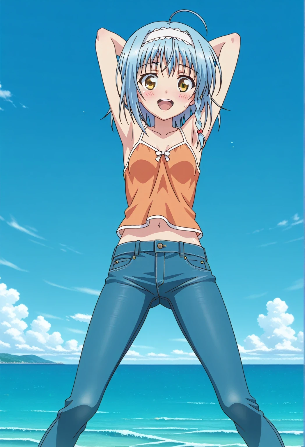 score_9, score_8_up, score_7_up, source_anime, highres, hi res, ((best quality, top quality, perfect quality, Highest Quality, amazing quality)), {{masterpiece}}, {{an extremely delicate and beautiful}}, 2d, intricate details, official style, anime, 8k, anime style, official_anime, official art, digital painting, cell shading, soft shading, high resolution, soothing tones, Subdued Color, Soft cinematic light, adobe lightroom, photolab, HDR, intricately and hyper-detailed, ((high quality animation)), 1 girl, Alone, solo, ((ocean)), tsunami, on the water, day, sunny, outdoors, sky, windy, yuki nonaka, long hair, short hair, blue hair, yellow eyes, braid, ahoge, hairband, ((one side braid)), anime screencap, small breasts, orange camisole top, crop top, orange crop top, best quality, hyper-detailed jeans, ((blue jeans:1.9)), (dark blue jeans:0.6), full medium body, medium shot, Open mouth, smiling, happy face, blush, sweat, standing, ((arms behind head:6.0)), bowlegged, jumping pose, action, looking at viewer, spread legs, Bend knees slightly, straight-on front view