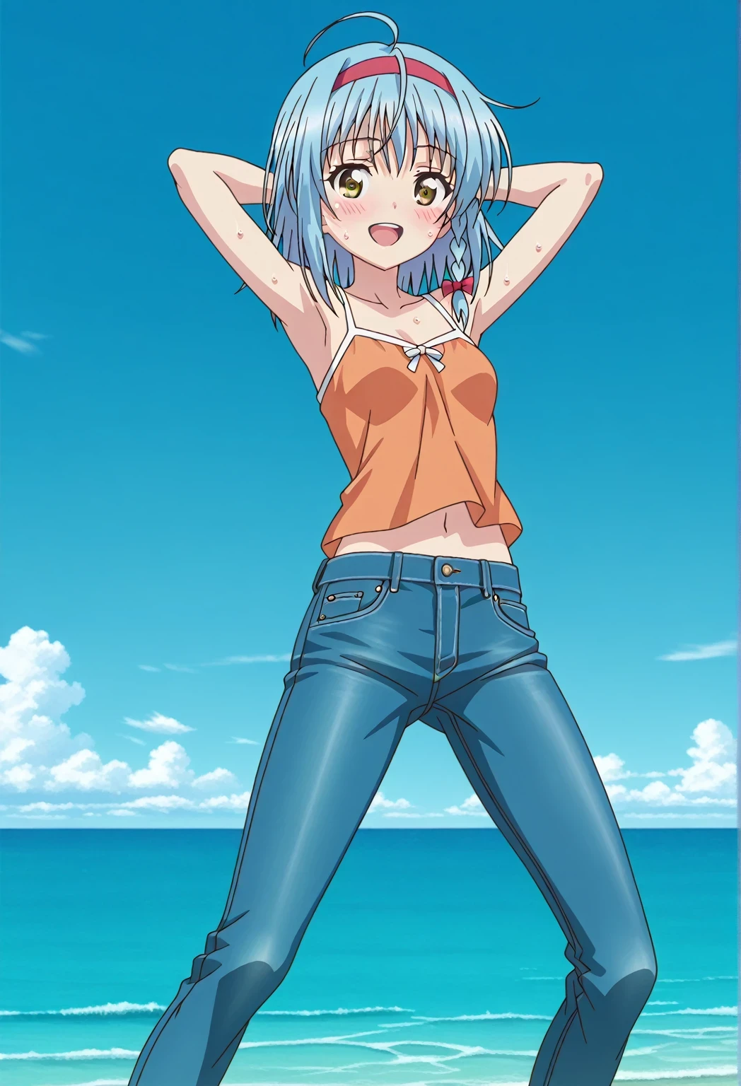 score_9, score_8_up, score_7_up, source_anime, highres, hi res, ((best quality, top quality, perfect quality, Highest Quality, amazing quality)), {{masterpiece}}, {{an extremely delicate and beautiful}}, 2d, intricate details, official style, anime, 8k, anime style, official_anime, official art, digital painting, cell shading, soft shading, high resolution, soothing tones, Subdued Color, Soft cinematic light, adobe lightroom, photolab, HDR, intricately and hyper-detailed, ((high quality animation)), 1 girl, Alone, solo, ((ocean)), tsunami, on the water, day, sunny, outdoors, sky, windy, yuki nonaka, long hair, short hair, blue hair, yellow eyes, braid, ahoge, hairband, ((one side braid)), anime screencap, small breasts, orange camisole top, crop top, orange crop top, best quality, hyper-detailed jeans, ((blue jeans:1.9)), (dark blue jeans:0.6), full medium body, medium shot, Open mouth, smiling, happy face, blush, sweat, standing, ((arms behind head:6.0)), bowlegged, jumping pose, action, looking at viewer, spread legs, Bend knees slightly, straight-on front view