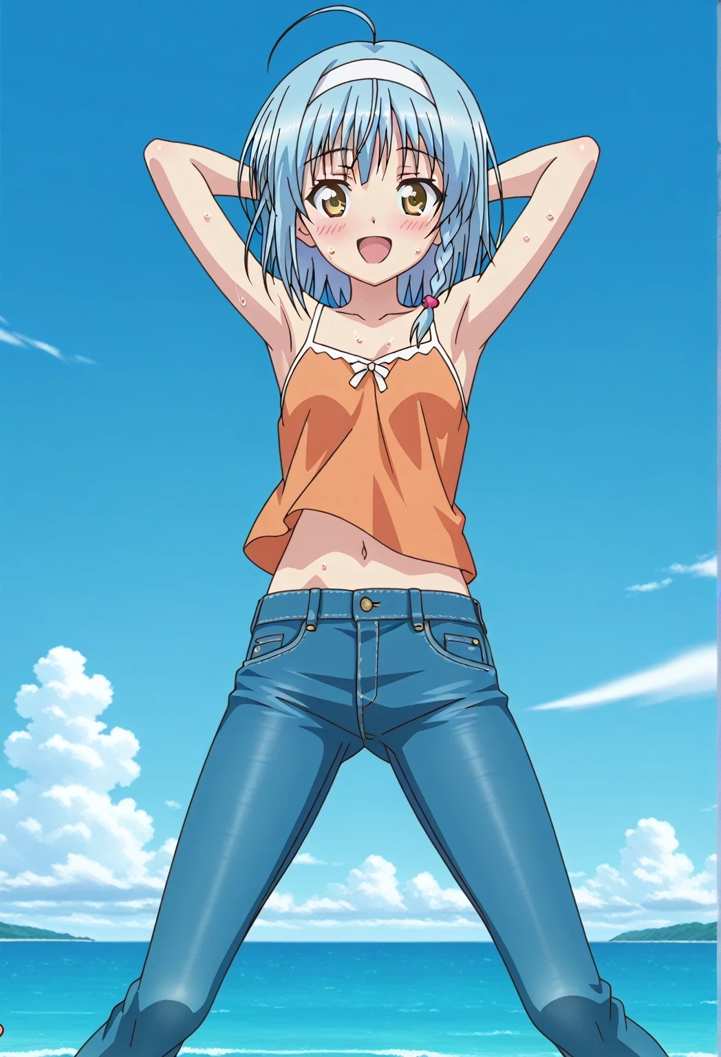 score_9, score_8_up, score_7_up, source_anime, highres, hi res, ((best quality, top quality, perfect quality, Highest Quality, amazing quality)), {{masterpiece}}, {{an extremely delicate and beautiful}}, 2d, intricate details, official style, anime, 8k, anime style, official_anime, official art, digital painting, cell shading, soft shading, high resolution, soothing tones, Subdued Color, Soft cinematic light, adobe lightroom, photolab, HDR, intricately and hyper-detailed, ((high quality animation)), 1 girl, Alone, solo, ((ocean)), tsunami, on the water, day, sunny, outdoors, sky, windy, yuki nonaka, long hair, short hair, blue hair, yellow eyes, braid, ahoge, hairband, ((one side braid)), anime screencap, small breasts, orange camisole top, crop top, orange crop top, best quality, hyper-detailed jeans, ((blue jeans:1.9)), (dark blue jeans:0.6), full medium body, medium shot, Open mouth, smiling, happy face, blush, sweat, standing, ((arms behind head:6.0)), bowlegged, jumping pose, action, looking at viewer, spread legs, Bend knees slightly, straight-on front view
