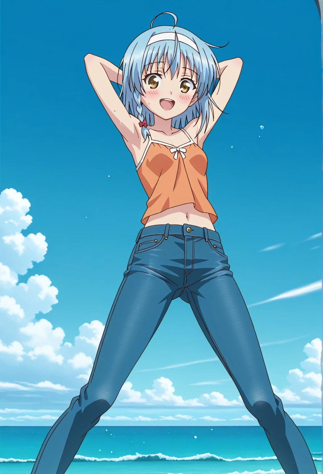 score_9, score_8_up, score_7_up, source_anime, highres, hi res, ((best quality, top quality, perfect quality, Highest Quality, amazing quality)), {{masterpiece}}, {{an extremely delicate and beautiful}}, 2d, intricate details, official style, anime, 8k, anime style, official_anime, official art, digital painting, cell shading, soft shading, high resolution, soothing tones, Subdued Color, Soft cinematic light, adobe lightroom, photolab, HDR, intricately and hyper-detailed, ((high quality animation)), 1 girl, Alone, solo, ((ocean)), tsunami, on the water, day, sunny, outdoors, sky, windy, yuki nonaka, long hair, short hair, blue hair, yellow eyes, braid, ahoge, hairband, ((one side braid)), anime screencap, small breasts, orange camisole top, crop top, orange crop top, best quality, hyper-detailed jeans, ((blue jeans:1.9)), (dark blue jeans:0.6), full medium body, medium shot, Open mouth, smiling, happy face, blush, sweat, standing, ((arms behind head:6.0)), bowlegged, jumping pose, action, looking at viewer, spread legs, Bend knees slightly, straight-on front view