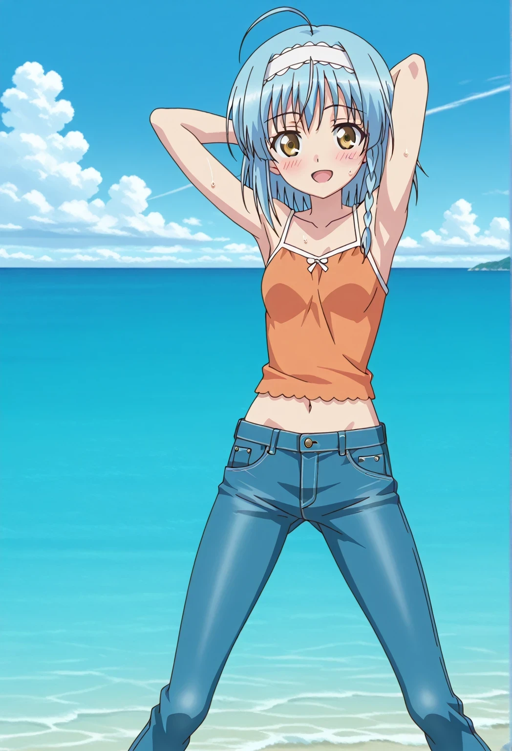 score_9, score_8_up, score_7_up, source_anime, highres, hi res, ((best quality, top quality, perfect quality, Highest Quality, amazing quality)), {{masterpiece}}, {{an extremely delicate and beautiful}}, 2d, intricate details, official style, anime, 8k, anime style, official_anime, official art, digital painting, cell shading, soft shading, high resolution, soothing tones, Subdued Color, Soft cinematic light, adobe lightroom, photolab, HDR, intricately and hyper-detailed, ((high quality animation)), 1 girl, Alone, solo, ((ocean)), tsunami, on the water, day, sunny, outdoors, sky, windy, yuki nonaka, long hair, short hair, blue hair, yellow eyes, braid, ahoge, hairband, ((one side braid)), anime screencap, small breasts, orange camisole top, crop top, orange crop top, best quality, hyper-detailed jeans, ((blue jeans:1.9)), (dark blue jeans:0.6), full medium body, medium shot, Open mouth, smiling, happy face, blush, sweat, standing, ((arms behind head:6.0)), bowlegged, sliding pose, action, looking at viewer, spread legs, Bend knees slightly, straight-on front view