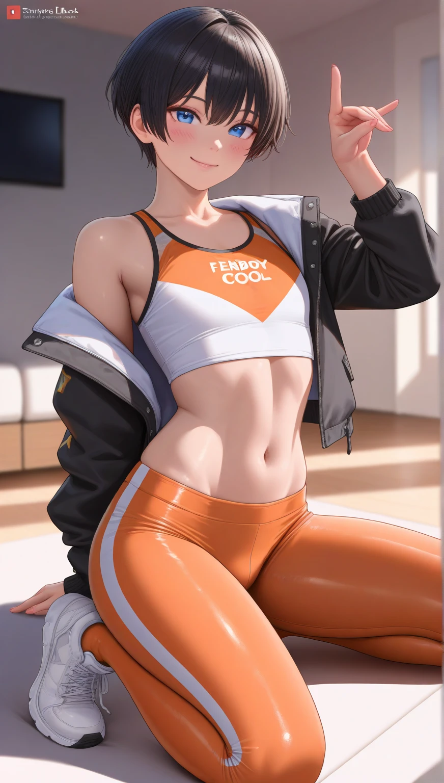 realistic human woman, latina, 20 and 21 years old mixed race long brown curly hair, quite tall, sitting on the sofa in sportswear.