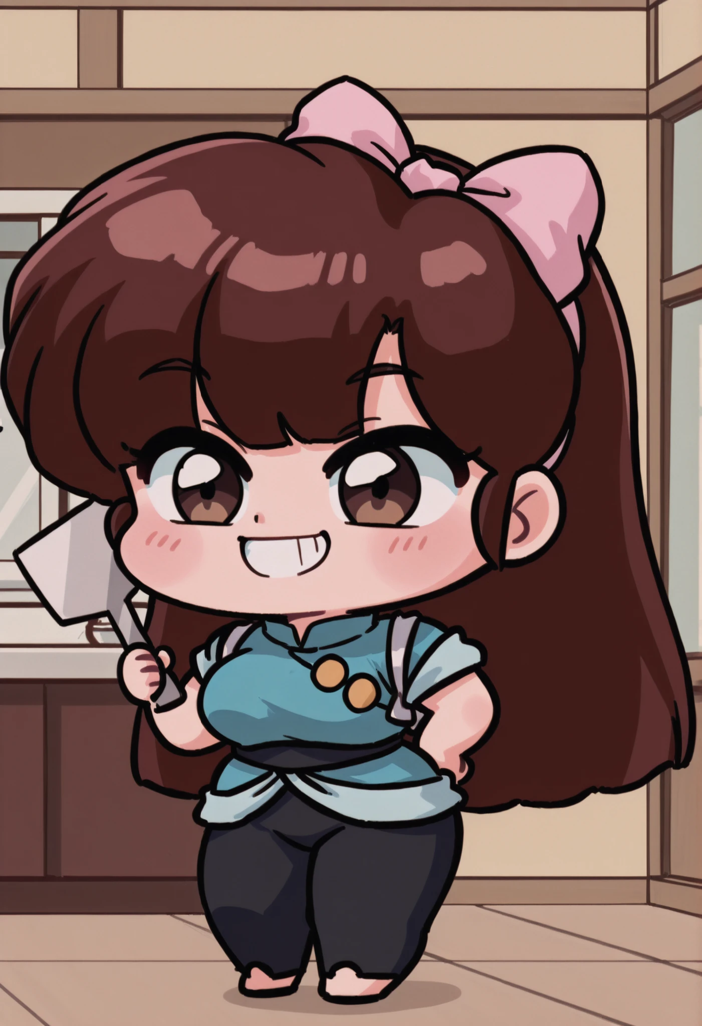uk (ranma 1/2), dark brown hair, long hair, ojos cafes, Big breasts, NSFW,  sexy hips, sexy waist, blue suit, black pants, kitchen utensils, carrying a giant spatula, Japanese restaurant, by day, alone, without people in the background, pretty woman, Cute anime girl, blushed, standing, pose linda, imagen linda wallpaper, full body, Chibi, standing, cheerful look, cute smile, looking at the spectator, open-mouthed, 