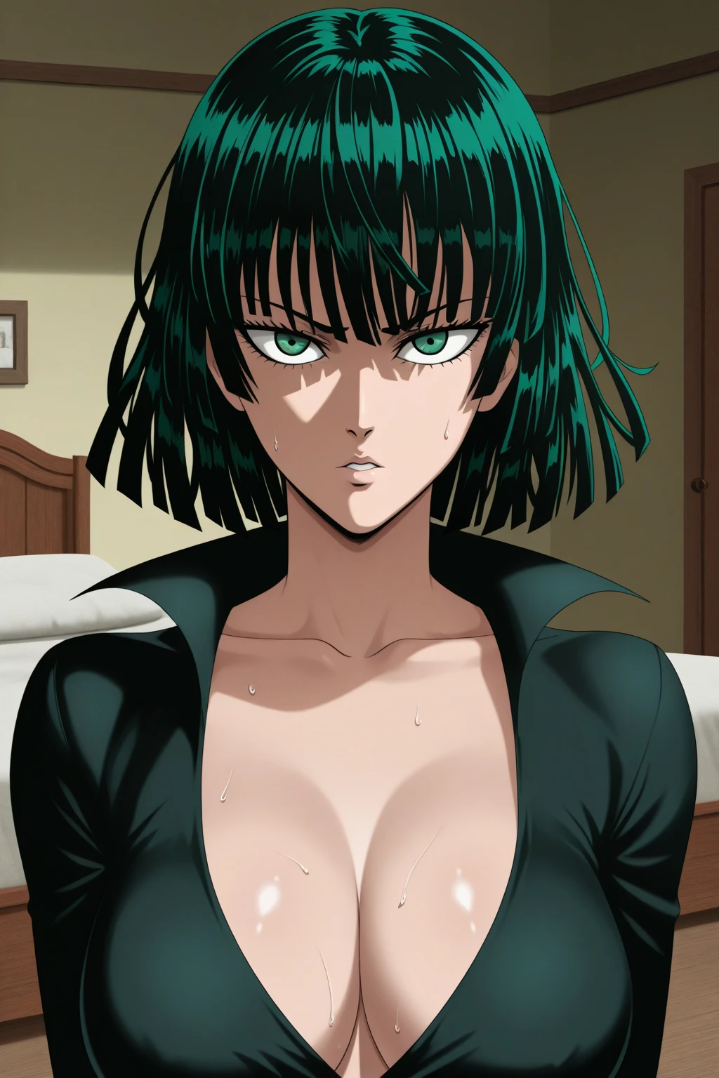 score_9, score_8_up, score_8, score_7_up, score_7, score_6_up, score_6, score_5_up, Score_5, rating_questionable, sexy girl, 1girl, fubuki ,beautiful face, intricate details, big breast, gold necklace, black lingerie ,  white fur coat ,beautiful face , intricate details, fubuki ,sexy pose, intricate details , one punch man , close up